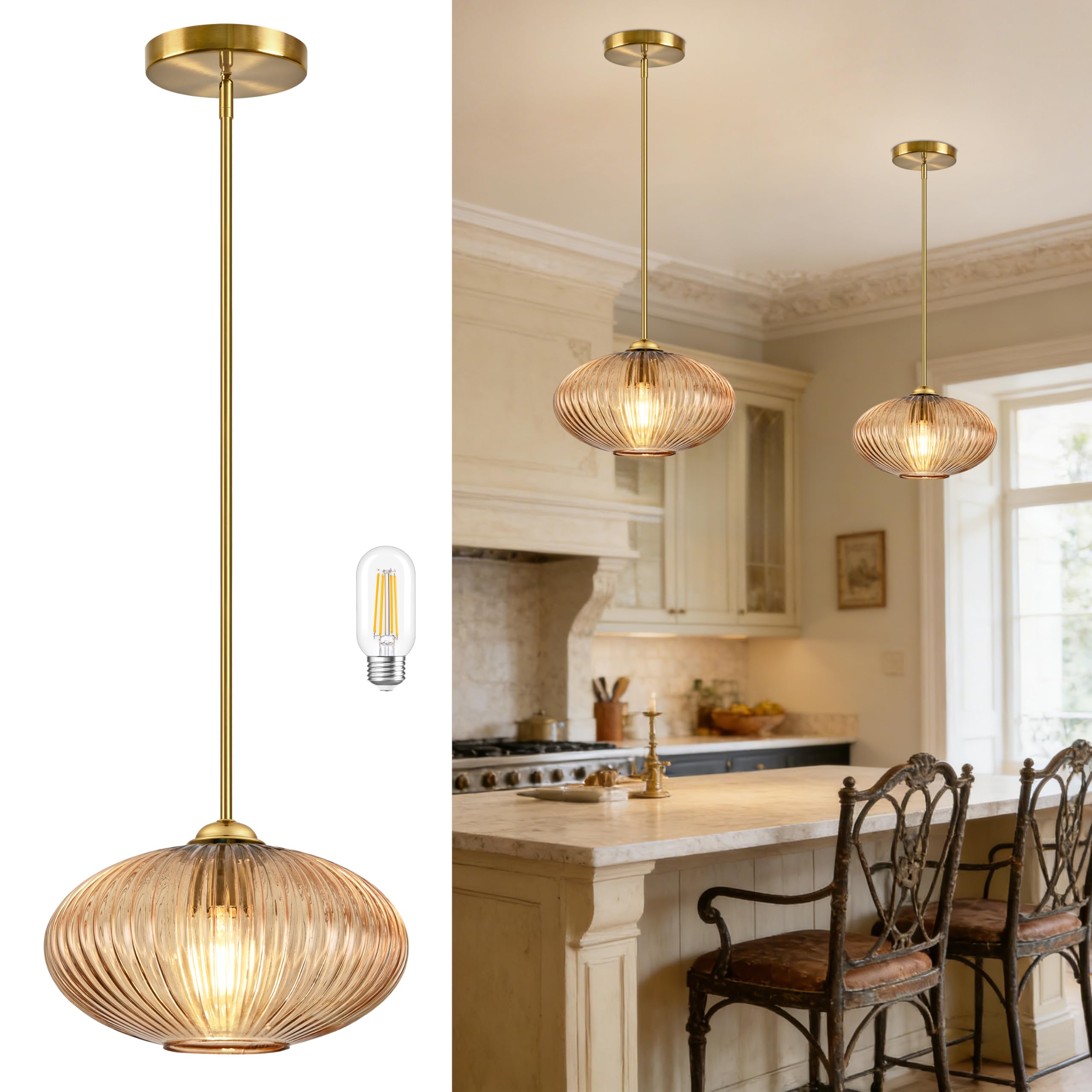 Photo 1 of YSHomeStunn 10" Amber Glass Modern Pendant Light Kitchen Island Brushed Gold Mid Century Modern Pendant Lighting with Clear Amber Glass Hanging Pendant Light for Dining Room?Bulb Incl.?
