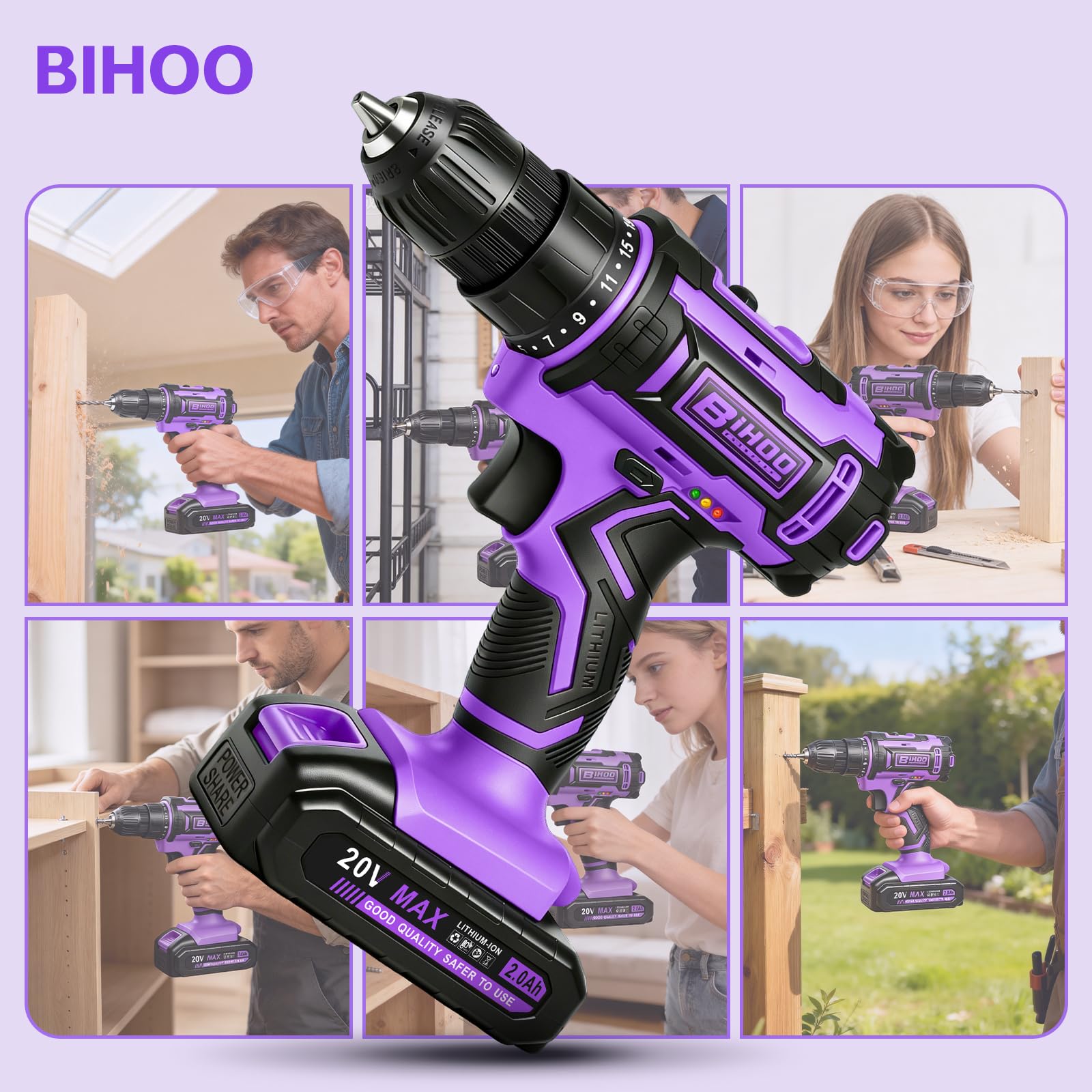 Set di trapano senza fili viola, trapano avvitatore da 20 V con batteria e caricabatterie, mandrino senza chiave da 3/8 pollici, velocità variabile, con set di punte per trapano