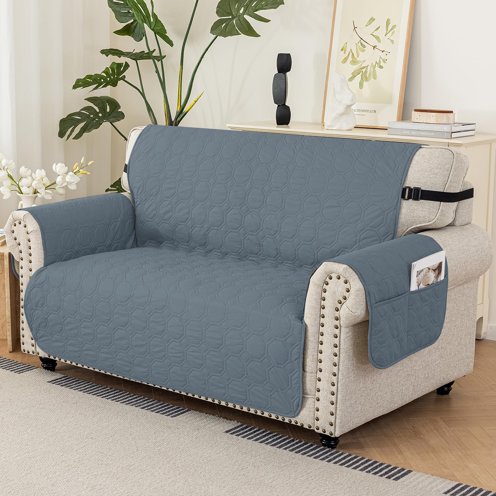 Ystyle Copridivano Impermeabile 3 Posti Con Braccioli, Copri Divano Antigraffio Gatto Con Tasche Laterali, Sofa Cover Antiscivolo, Universale Copridivani Mobili Protector, Blu Grigio