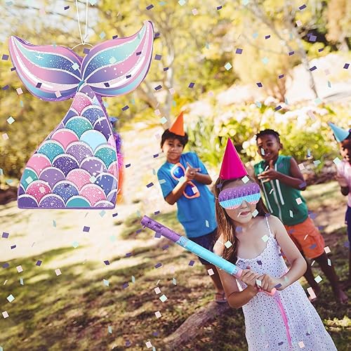 Miniatura 6 de Faccito Piñata de sirena suministros para fiesta, paquete de piñata de cola de sirena con los ojos vendados, confeti de murciélago, decoraciones de