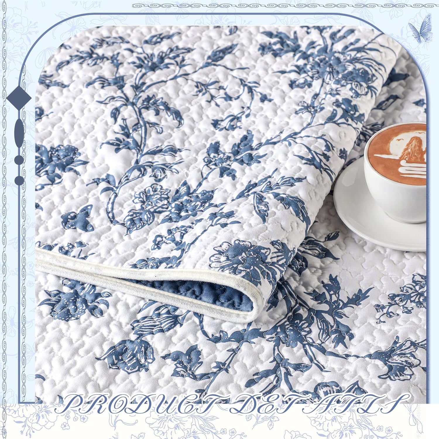 Breling Blue Floral Quilted Throw Blanket 50 x 60 Inch Flower Quilt Throw Versatile Reversible Lightweight Lap Quilt Blanket Cute Coquette Decor for Sofa Bed Couch Living Room