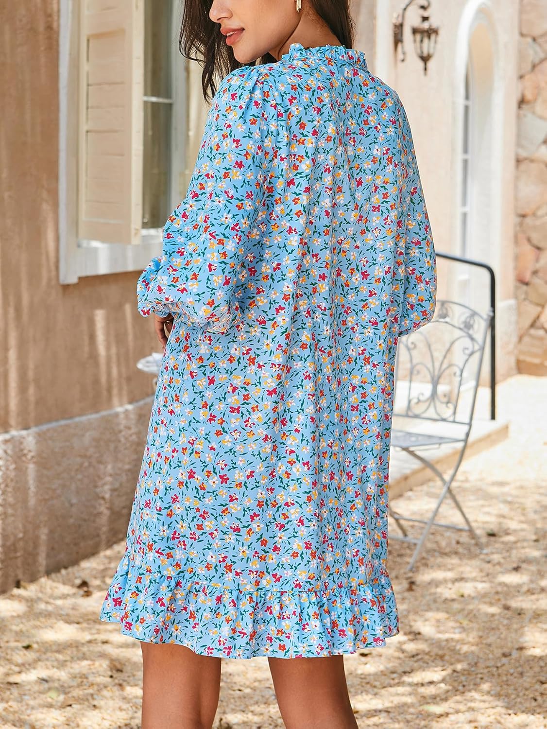 KIFOVEN Women's Long Sleeve Ruffle Floral Print Tie Neckline Smocked Flowy Mini Dress - Image 5