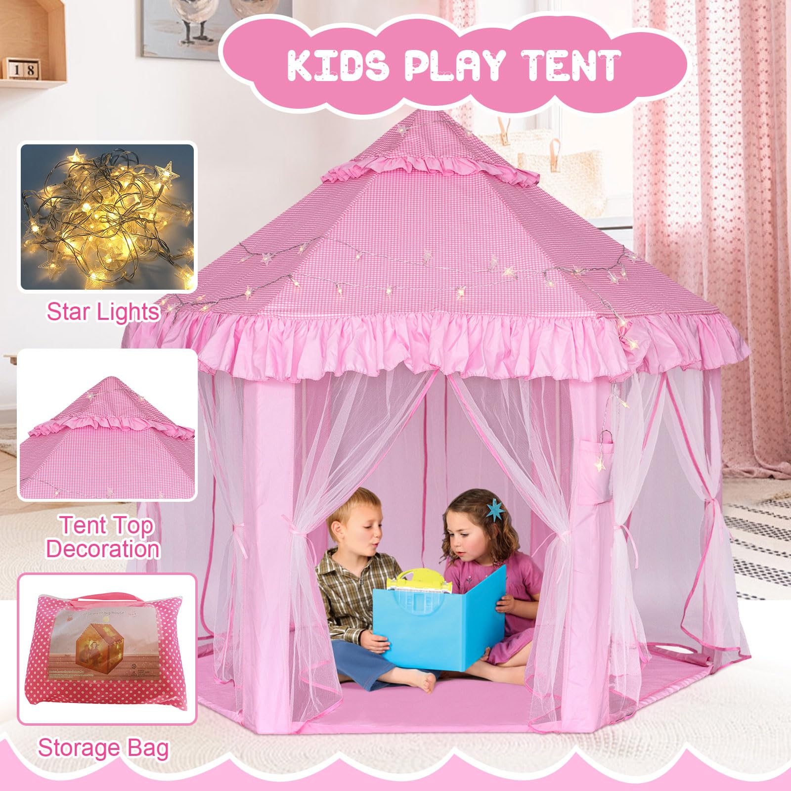 Tenda da gioco per bambini per ragazze - Tenda da gioco del castello della principessa, casa da gioco pop-up per interni e per esterni con luci stellari per bambini, regali per bambine da 3 a 9 anni
