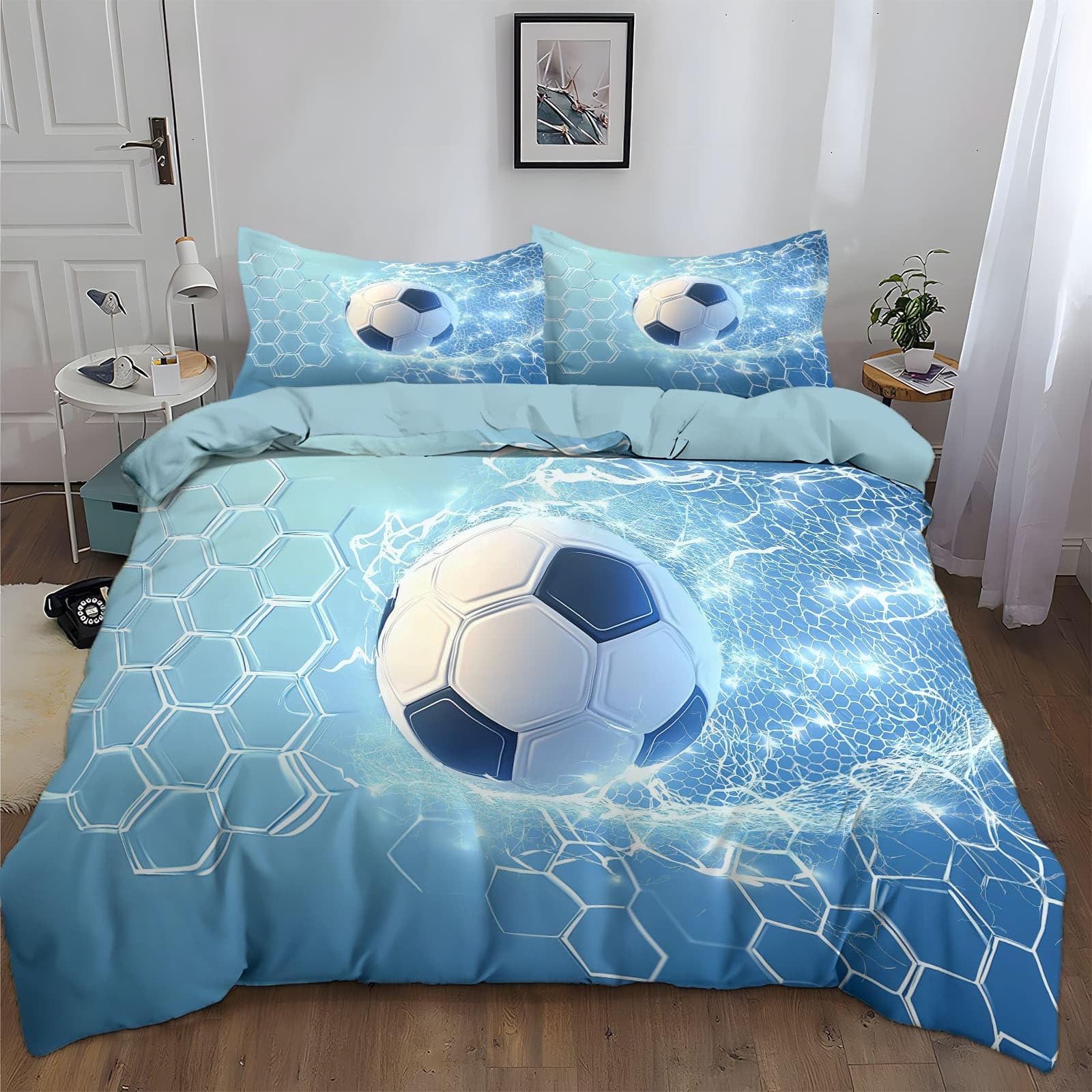 Sportowa poszwa na kołdrę piłka nożna dynamiczny zestaw pościeli z nadrukiem pojedynczym z zamkiem błyskawicznym poszwa 240 x 220 cm kołdra z mikrofibry z 2 poszewkami na poduszki niebieski niebieski