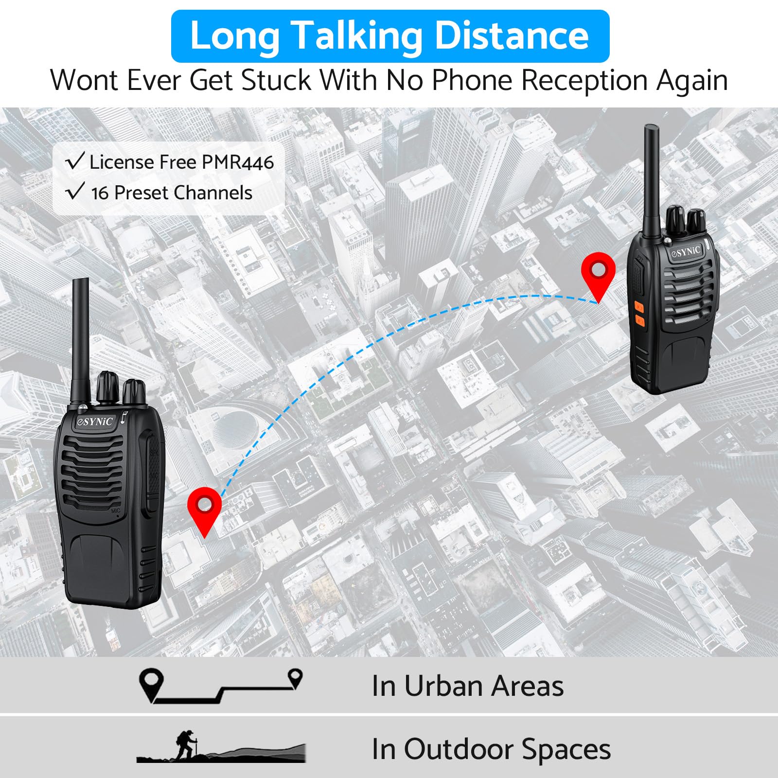 eSynic 6Pcs Walkie Talkies de Larga Distancia con Auriculares Walkie-Talkie Profesional 16 Canales 1500mAh con Cargador USB Soporta VOX para Sobrevivir en el Campo Ciclisimo