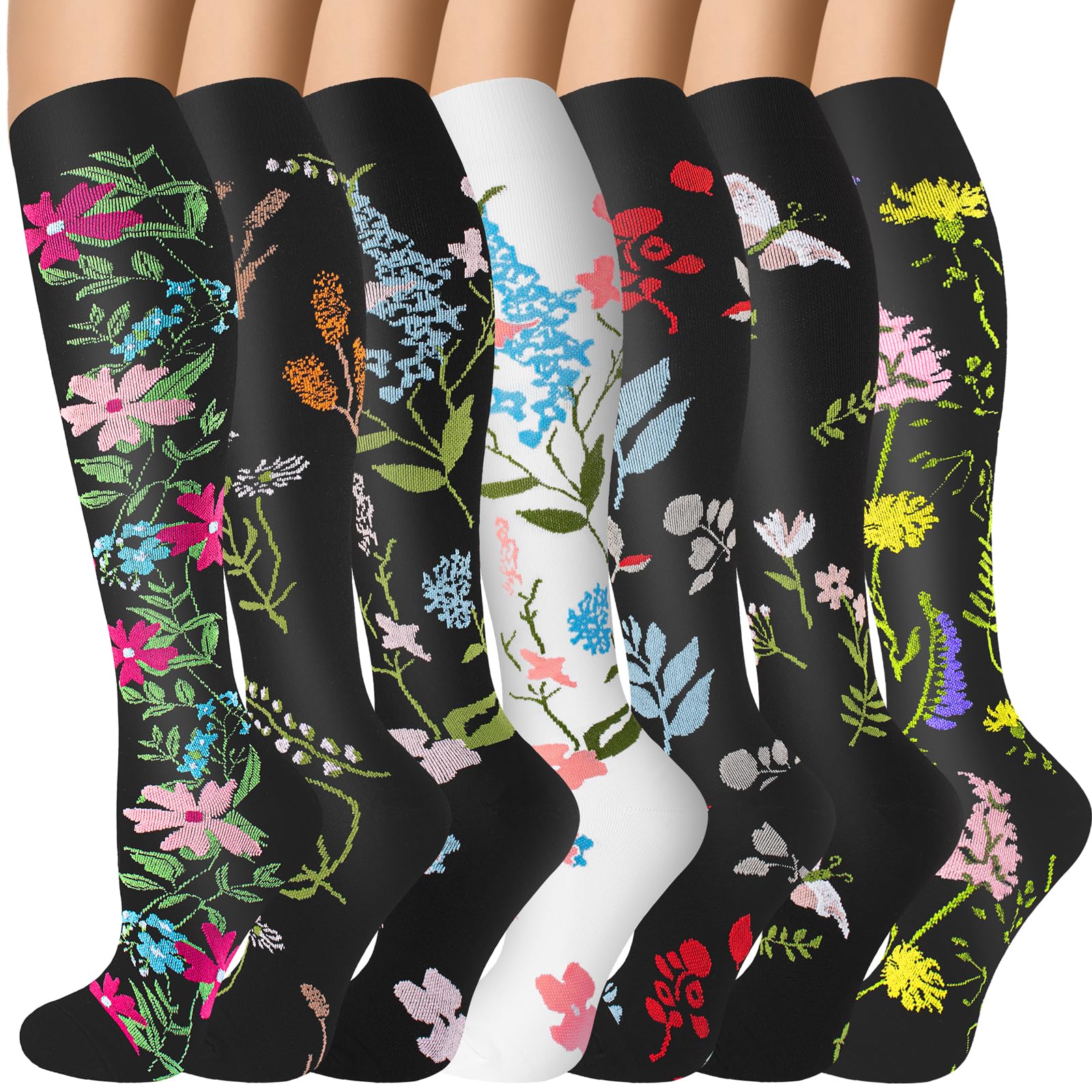 FOFLORA Compression Socks for Women & Men 7 Pairs Knee High Compression Socks 20-30 mmhg Best for Running,Nurse,Travel