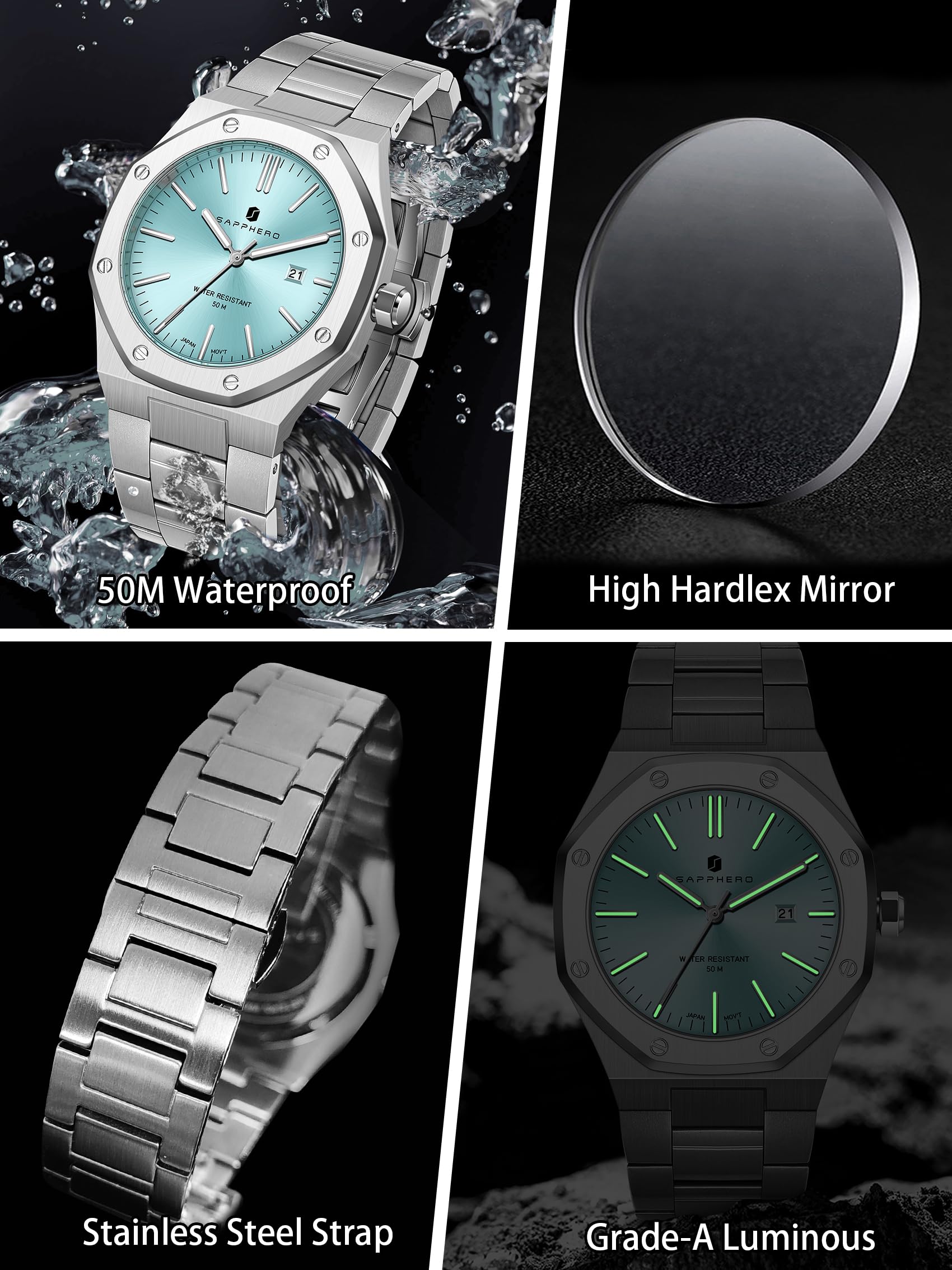 SAPPHERO Uhren Herren Quarzwerk Silber Edelstahl Armband 50M Wasserdicht Datum Kalender Schwarz Blau Herrenuhren Armbanduhr Geschenke für Männer