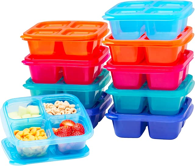EasyLunchboxes® - Original Stackable Snack Boxes - Reusable 4-Compartment Bento Snack Containers for Kids and Adults, BPA-Free and Microwave Safe Food and Meal Prep Storage, Set of 10 (Jewel Brights)