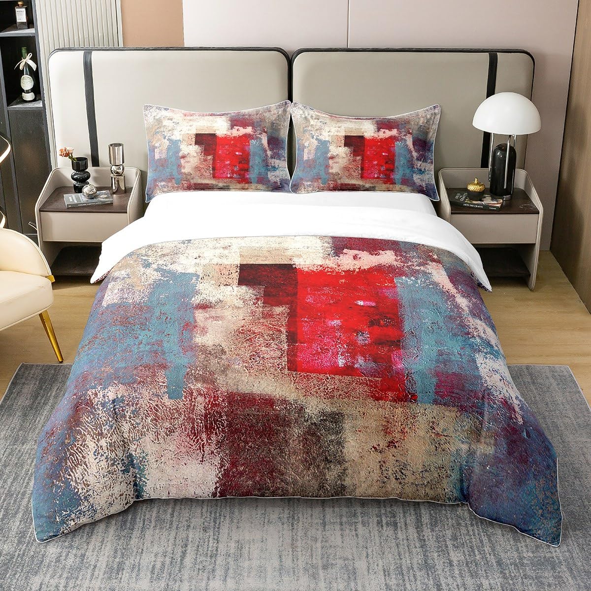 Housse de couette grunge avec ensemble de lit aquarelle rouge ombre et abstrait