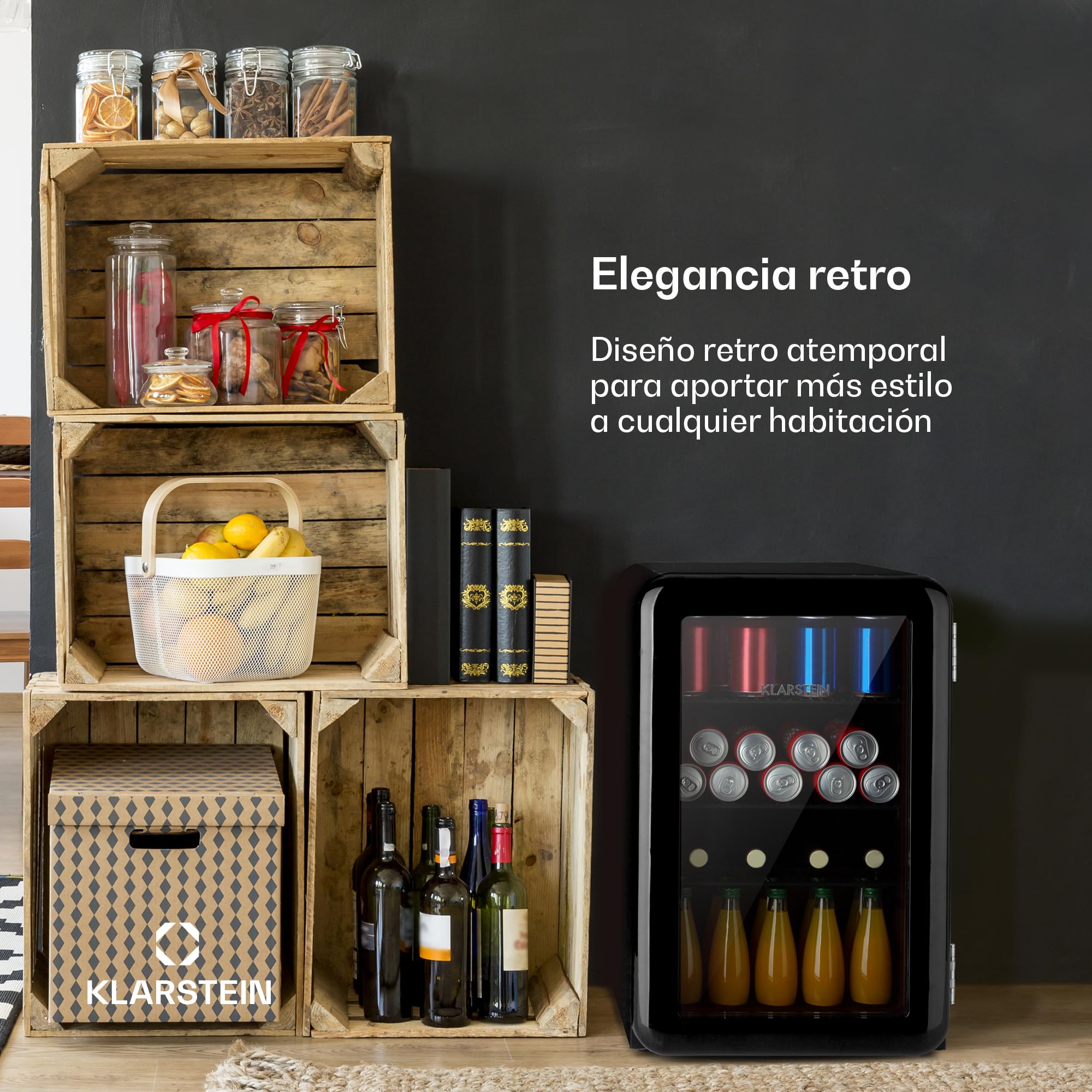 KLARSTEIN Nevera para bebidas, PopLife - minibar, nevera retro, 0-10°C, sólo 39 dB, 70 L, respetuosa con el medio ambiente, puerta de doble acristalamiento, diseño retro, negro
