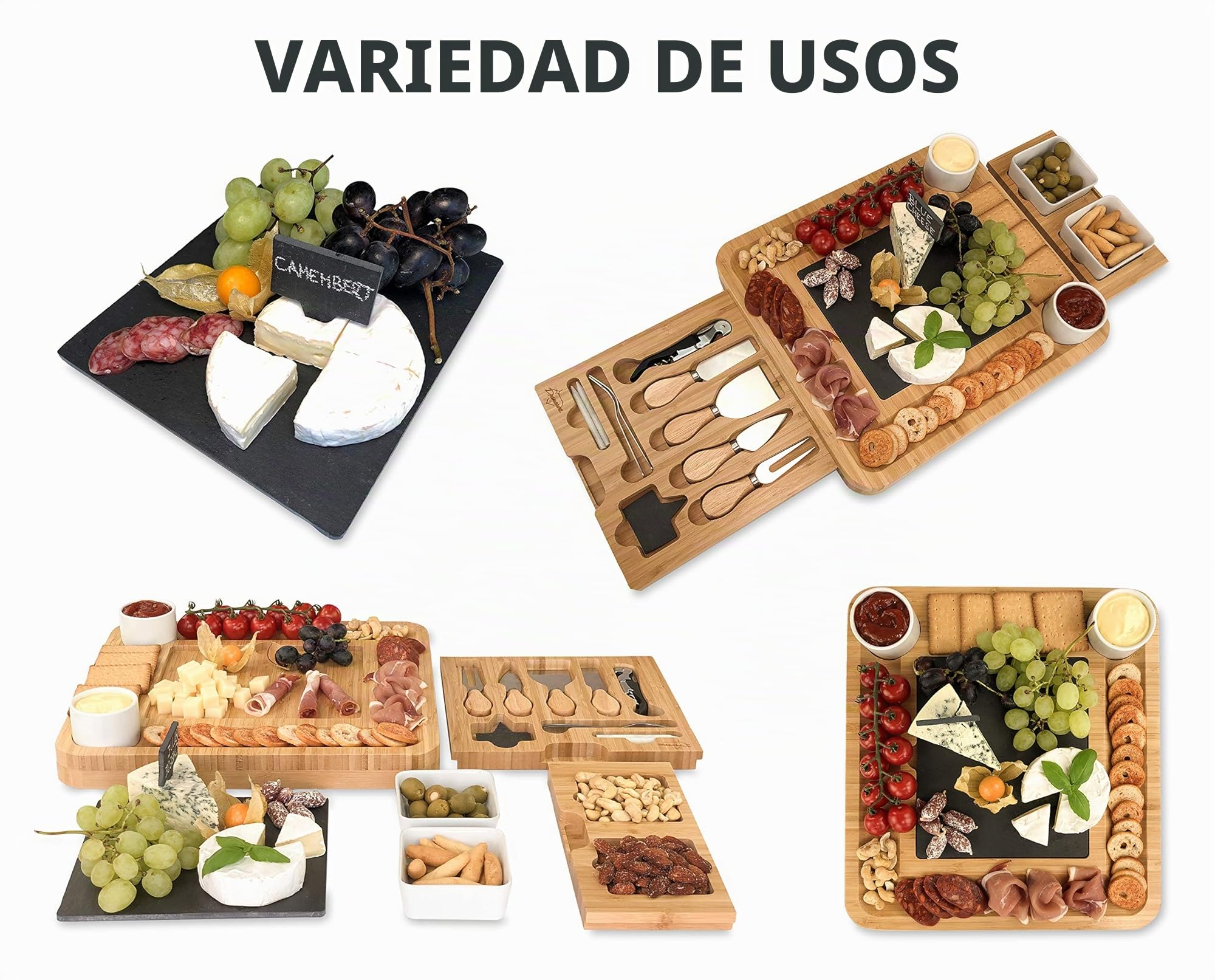 Set Tabla de Queso de Bambú y Cuchillos, Cuencos de Cerámica y Abrebotellas – Bandeja Queso 100% Madera Orgánica, Tabla Charcutería