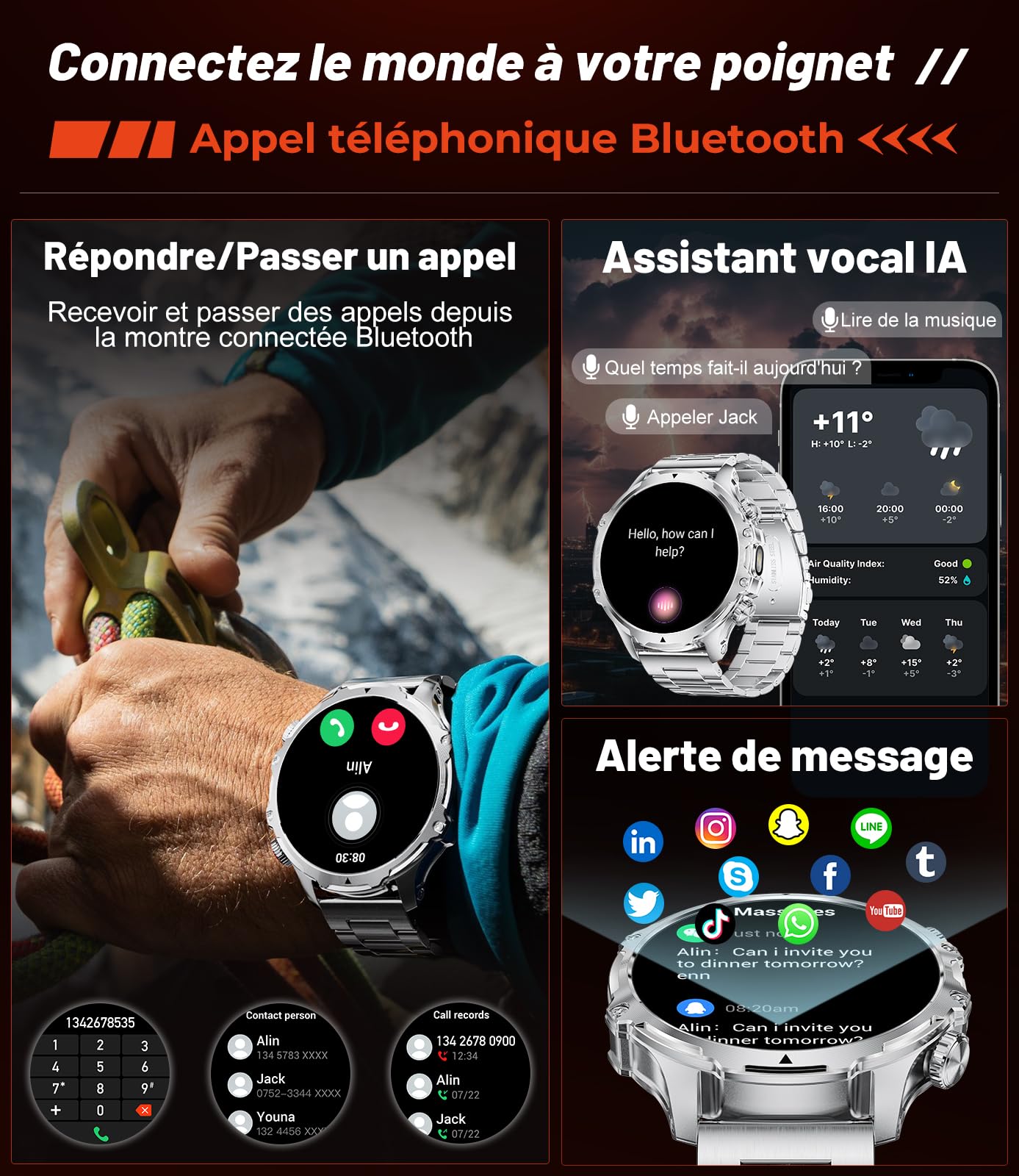 LIGE Montre Connectée Homme, Grand Écran HD 1,85''/800mAh/Torche LED, Smartwatch avec Appel Bluetooth, Étanche 5ATM, 110+ Modes Sportifs, Suivi Fréquence Cardiaque et Sommeil, Android iOS,FV15-E