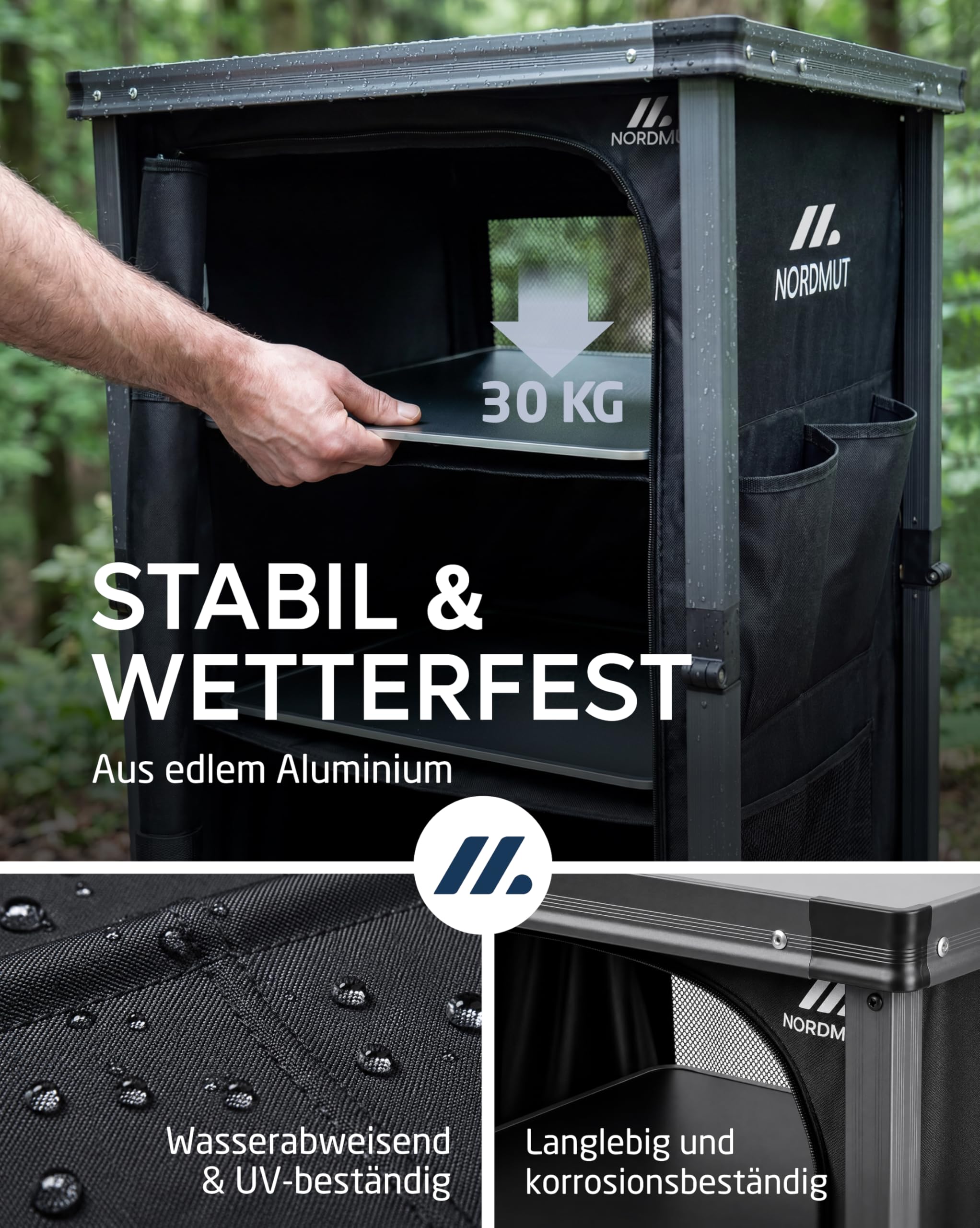 NORDMUT® Campingschrank faltbar – stabile Campingküche mit geräumigen Innenleben – leichtes Camping Regal klappbar für einfachen Transport