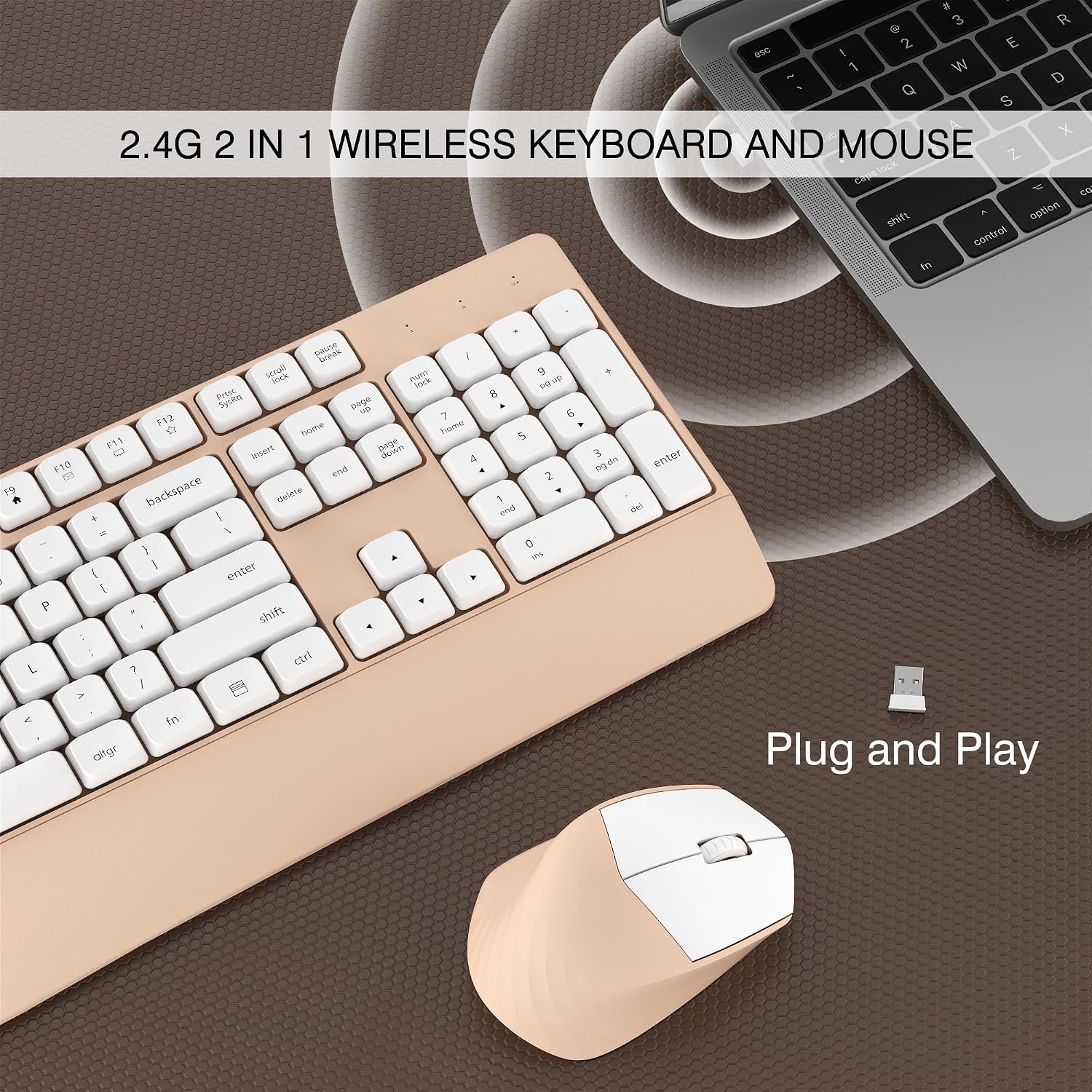Links9+ Ergonomic Wireless Keyboard and Mouse Combo with Wrist Rest, Full-Sized 104-Key, Plug and Play USB Receiver, BK Chipset, Compatible with PC/Laptop/Desktop for Office Home Use(Milk Tea)