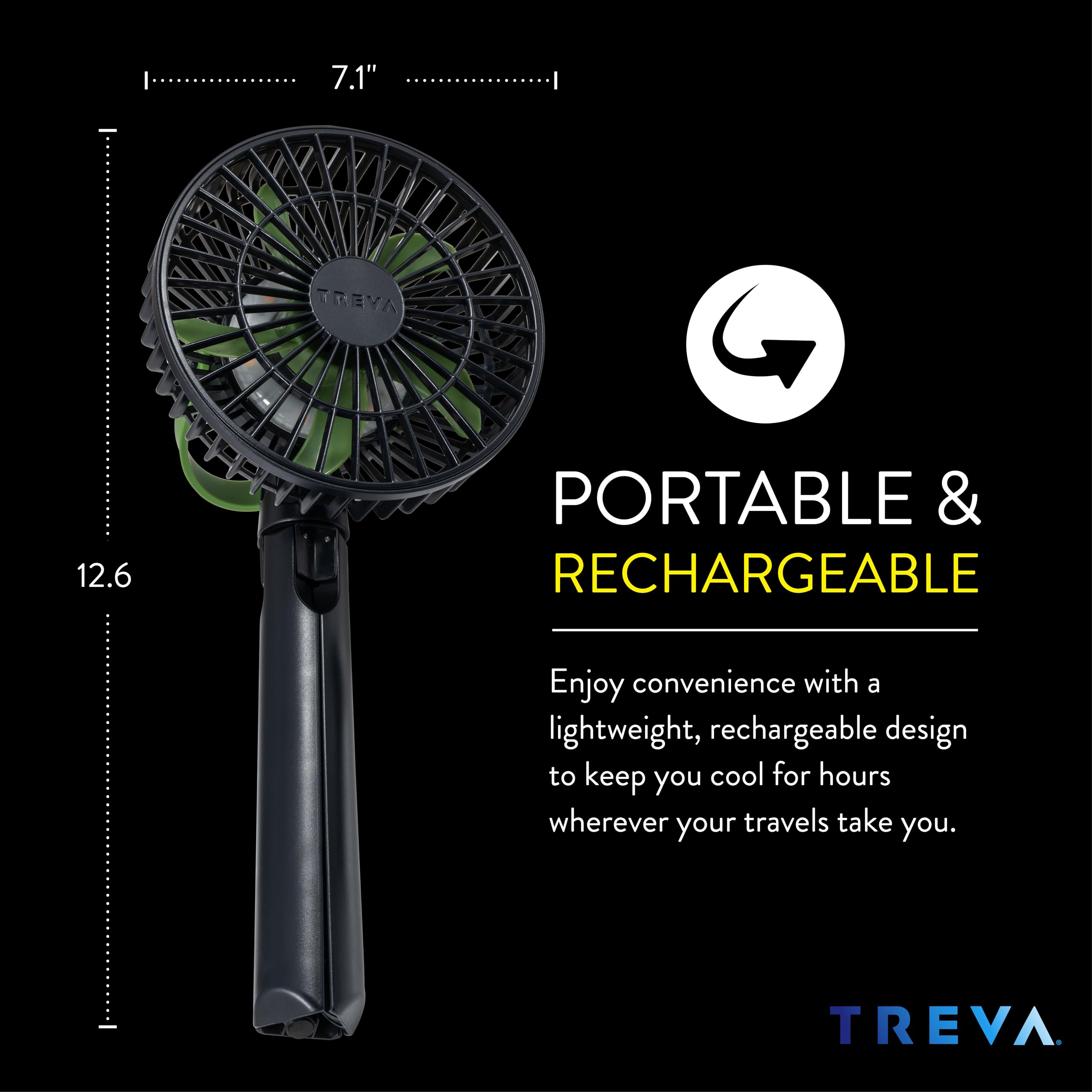 Treva Ventilador de trípode de 5 pulgadas con luz integrada y soporte para teléfono acoplable, mini ventilador recargable de 3 velocidades con asa para viajes, camping, al aire libre