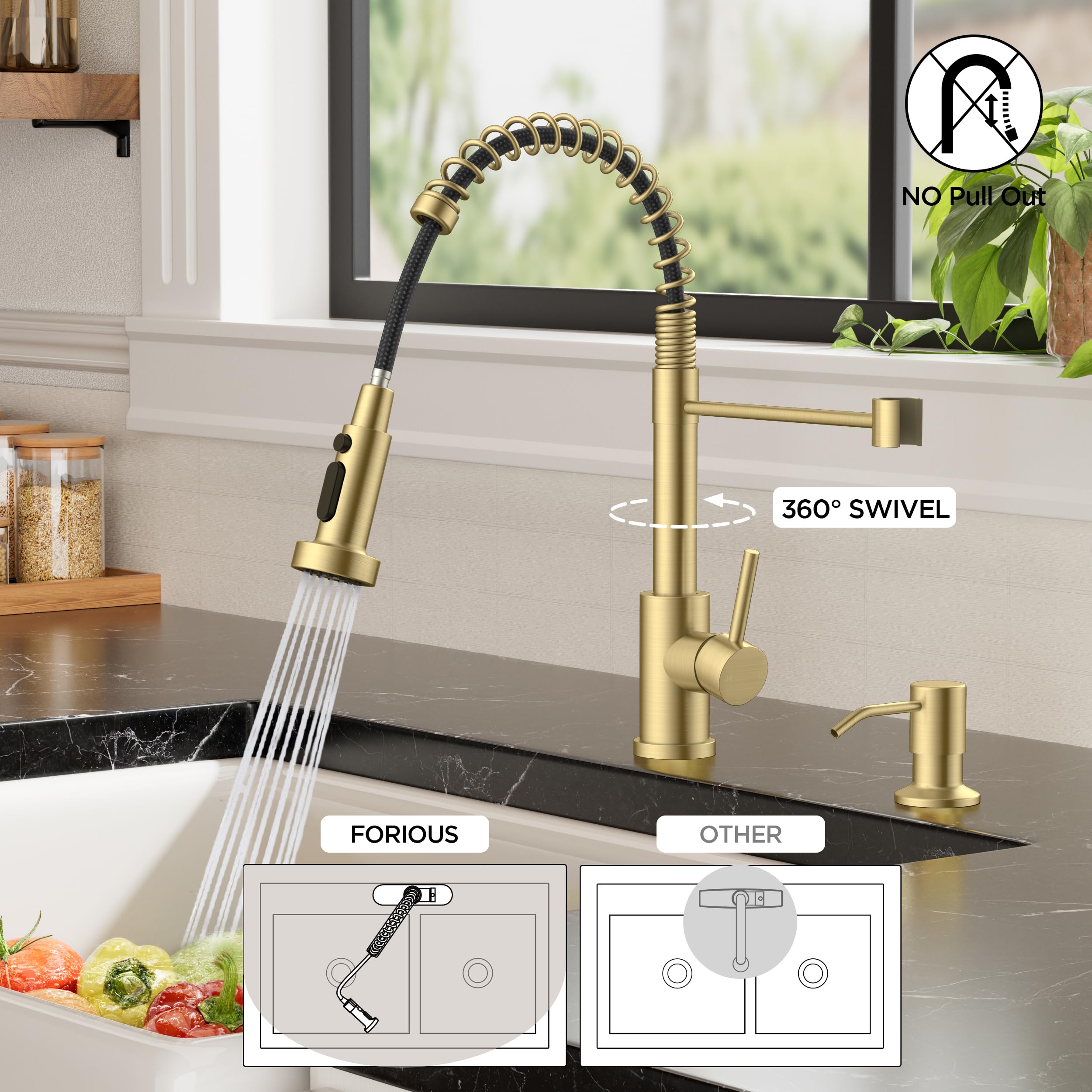 Rubinetto da cucina con doccetta, rubinetto monocomando in acciaio inox dorato per lavello con piastra di copertura, rubinetto classico a molla per lavello da cucina, lavello da bar e preparazione,