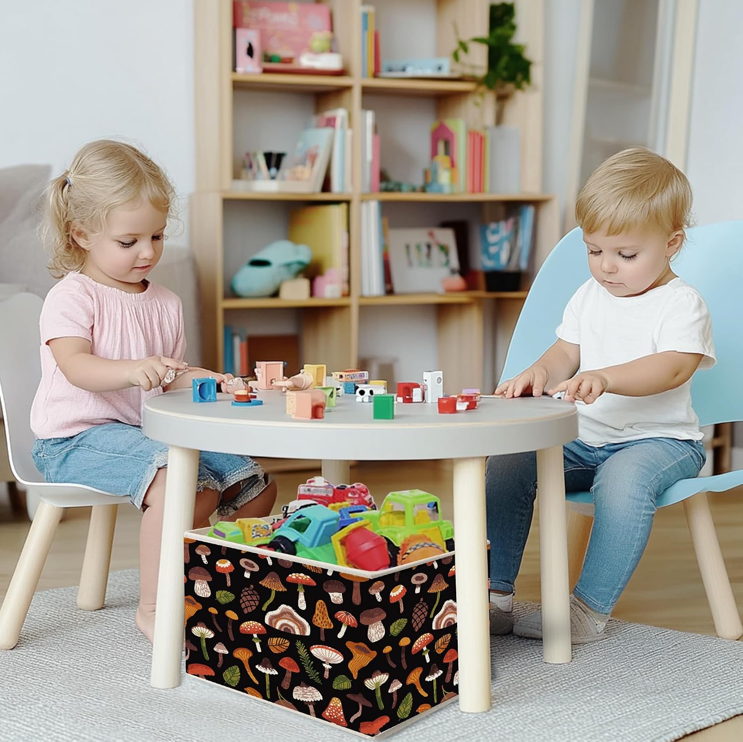 Mancheng-zi Vintage Mushroom Collapsible Storage Bins, Retro Cottagecore Mushroom Toys Books Clothes Storage Organizer Baskets for Living Room Bedroom, Set of 2 image 3
