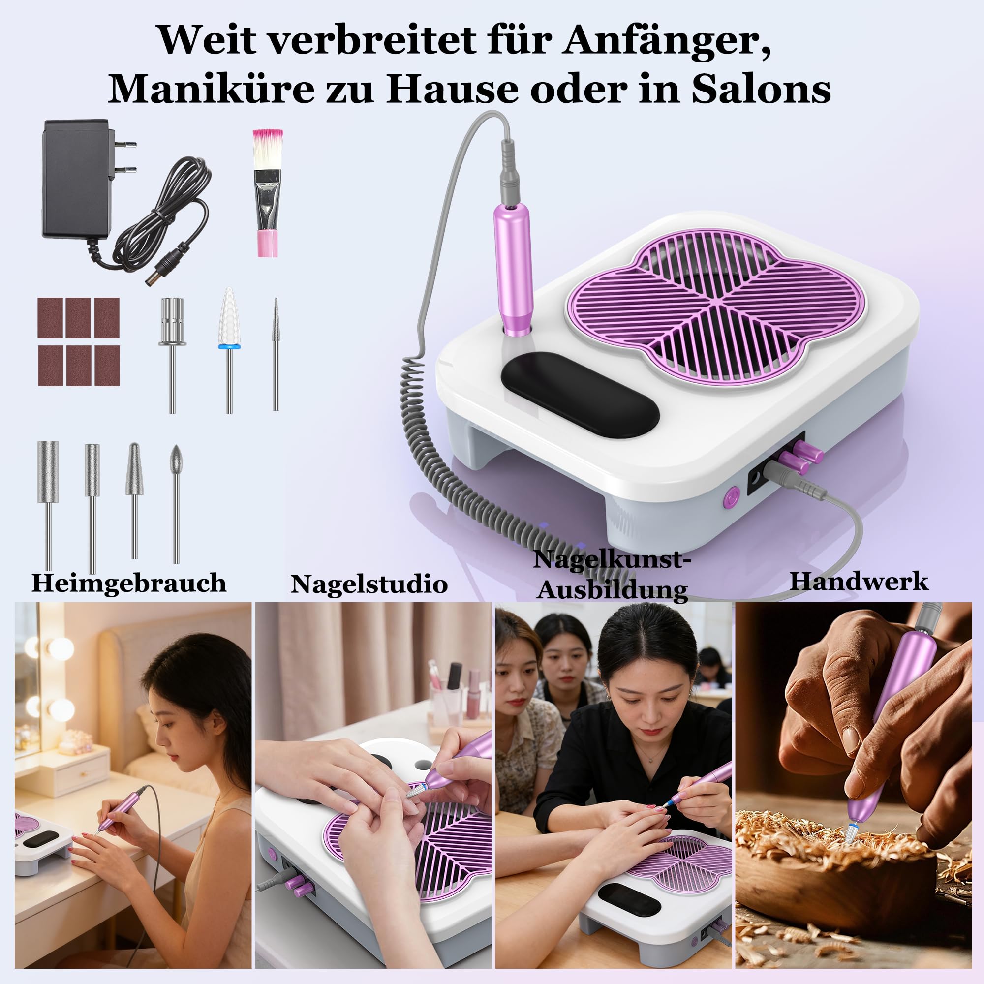 Aspirador de uñas 3 en 1 con lima de uñas eléctrica y lámpara UV LED: aspiradora de uñas ajustable con 3400 rpm. Para técnico de uñas acrílicas. Manicura profesional en salón y en casa