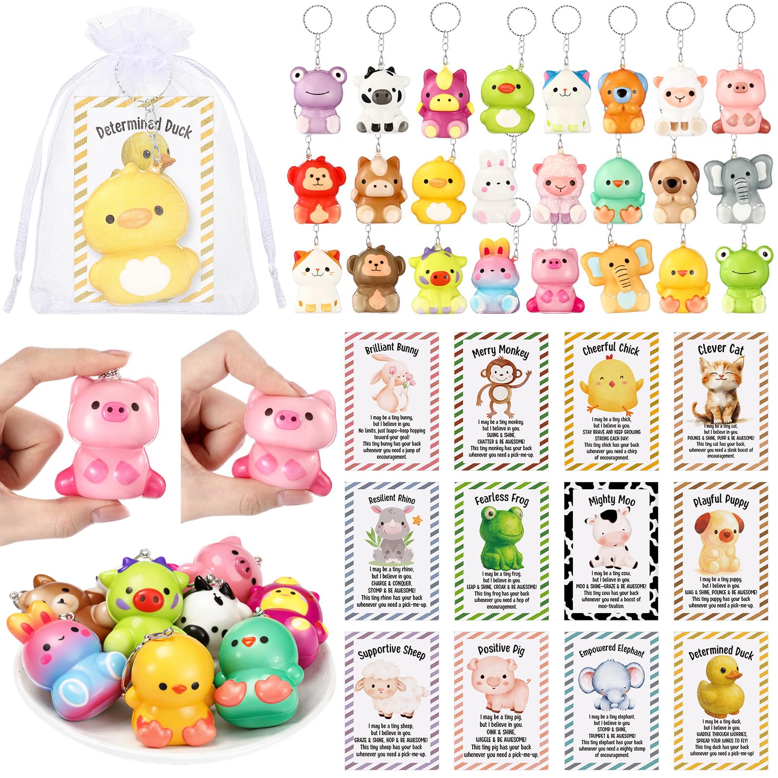 Soulchen 24 Set Back to School Student Gifts Animal Stress Balls Keychains with Positive Cards, Relief Animal Toys Summer Gifts for Students Teacher Office Employee