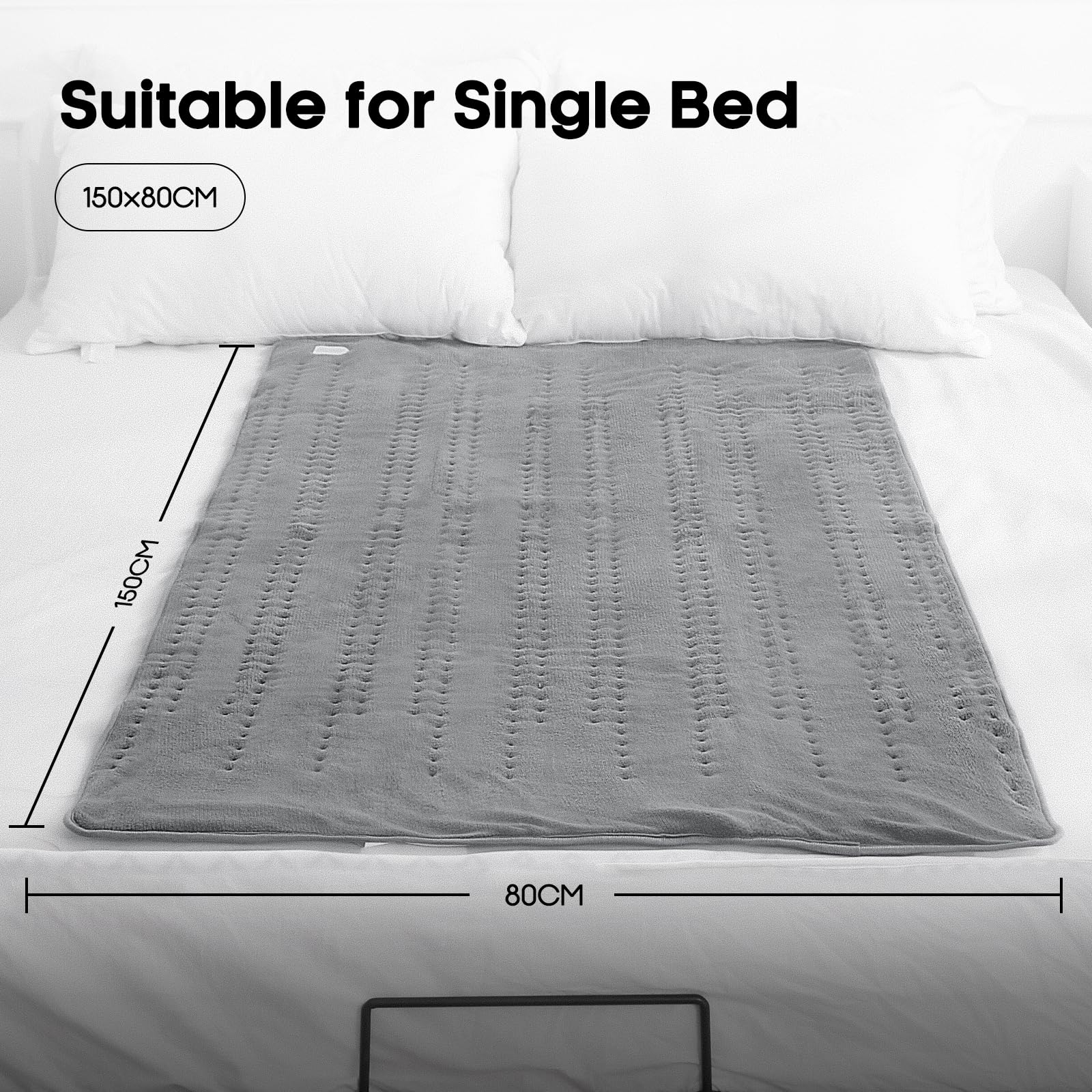 Wärmeunterbett 150 X 80 cm, Elektrisches Bettwärmer mit 10 Temperaturstufen und 1-9 Stunden Abschaltautomatik, Einfache Fixierung auf Bett und Matratze, Maschinenwaschbar (Hellgrau)