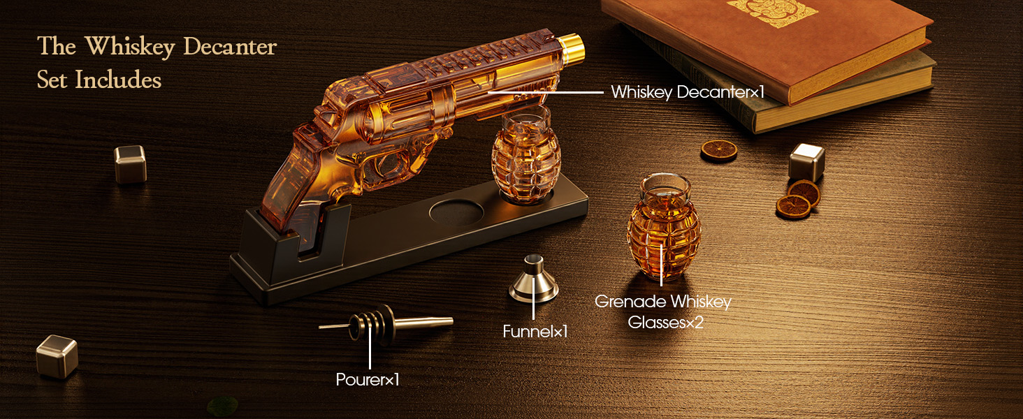 Kollea Whiskey Decanter Set with Grenade-Shaped Shot Glasses, Anniversary Birthday Gifts for Men Who Have Everything, Whiskey Gifts for Father, Husband, Boyfriend & Military Enthusiasts, Fathers Day