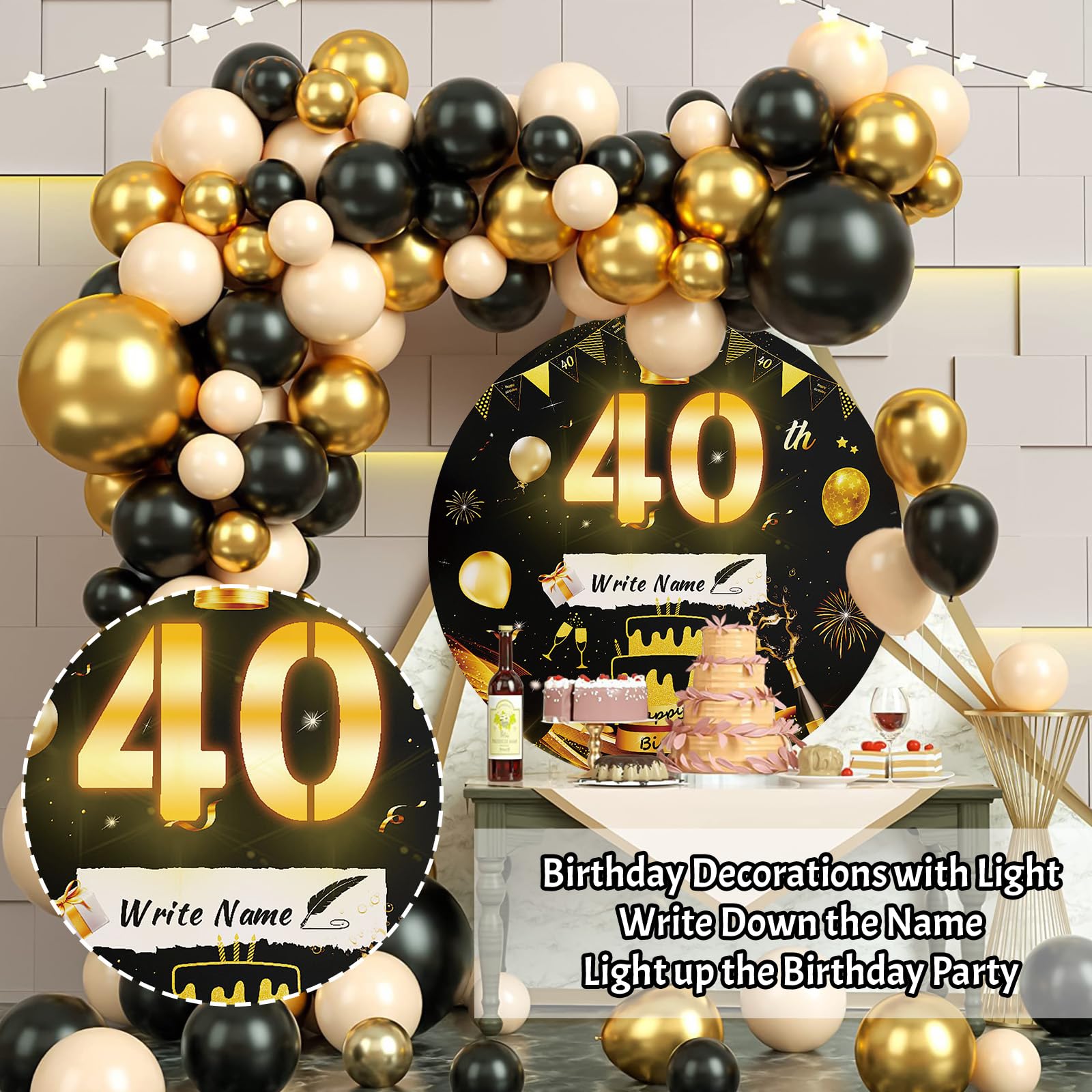 Partydekorationen zum 40. Geburtstag, mit Lichtern, Papphintergrund mit Lichtstreifen, Schwarzgold, 0,8 m, Mosaik-Hintergrundabdeckung, rund, 40 Happy Birthday, DIY-Rahmenbrett für Wand, Hof