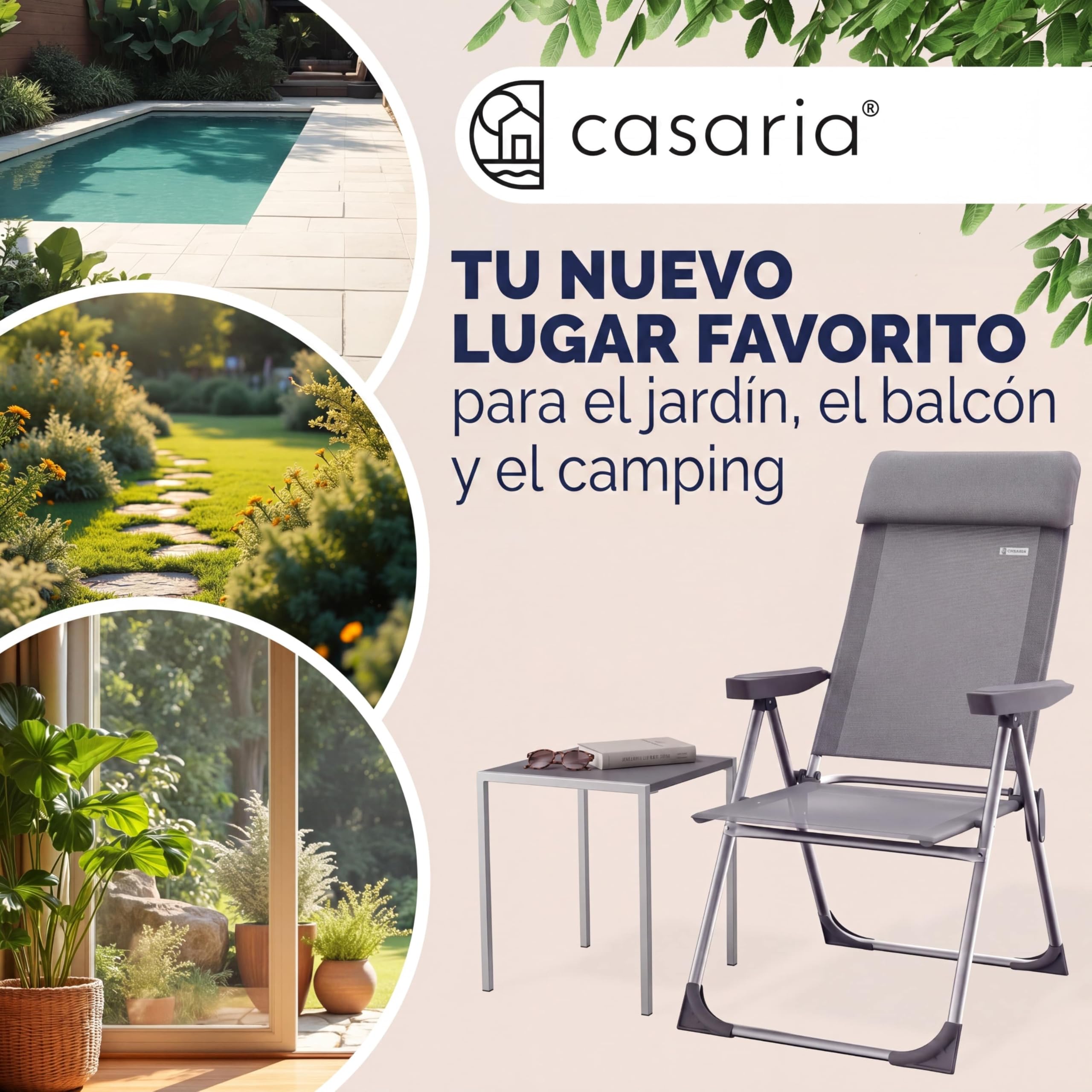 CASARIA® Sillas de Jardín Plegables Set de 2 Respaldo Alto Ajustable en 6 Posiciones Reclinable Marco Aluminio Estables Ligeras Exterior Terraza Balcón Camping