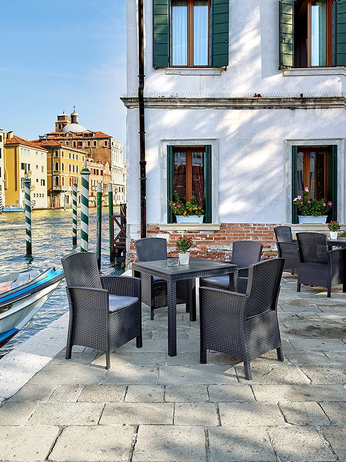 BICA Gastronomie Sessel Lido 2er Set Graphit – Wetterfeste Gartenstühle inkl. Sitzkissen – Hochwertige Rattan-Optik für Bistro, Café & Garten – CATAS-zertifizierte Objektmöbel – Made in Italy