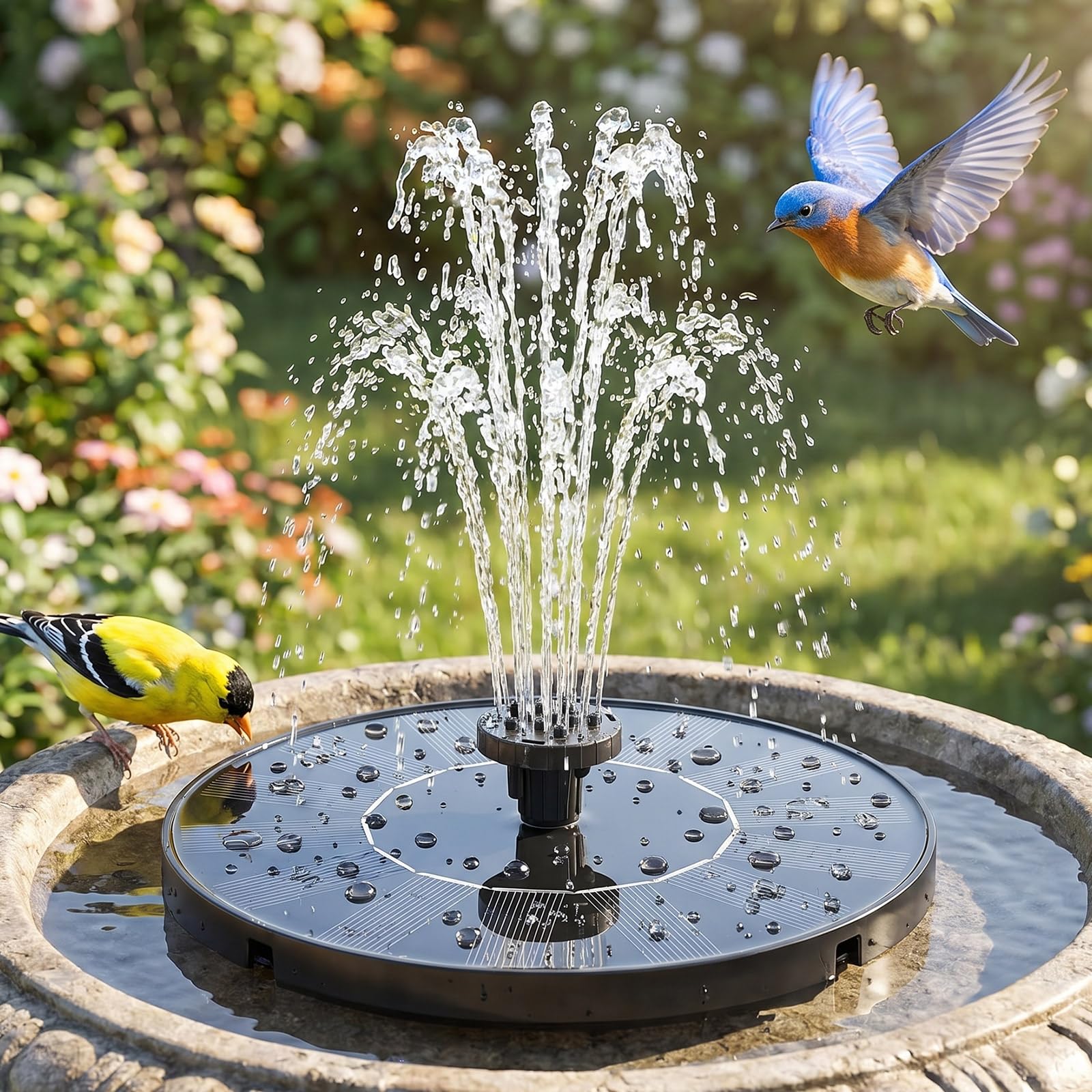 Photo 1 of Solar Bird Bath Fountain Pump, 6.3 Inch Upgraded Floating Solar Powered Water Pump with 7 Nozzles, for Garden, Pond, Pool, Outdoor, Black