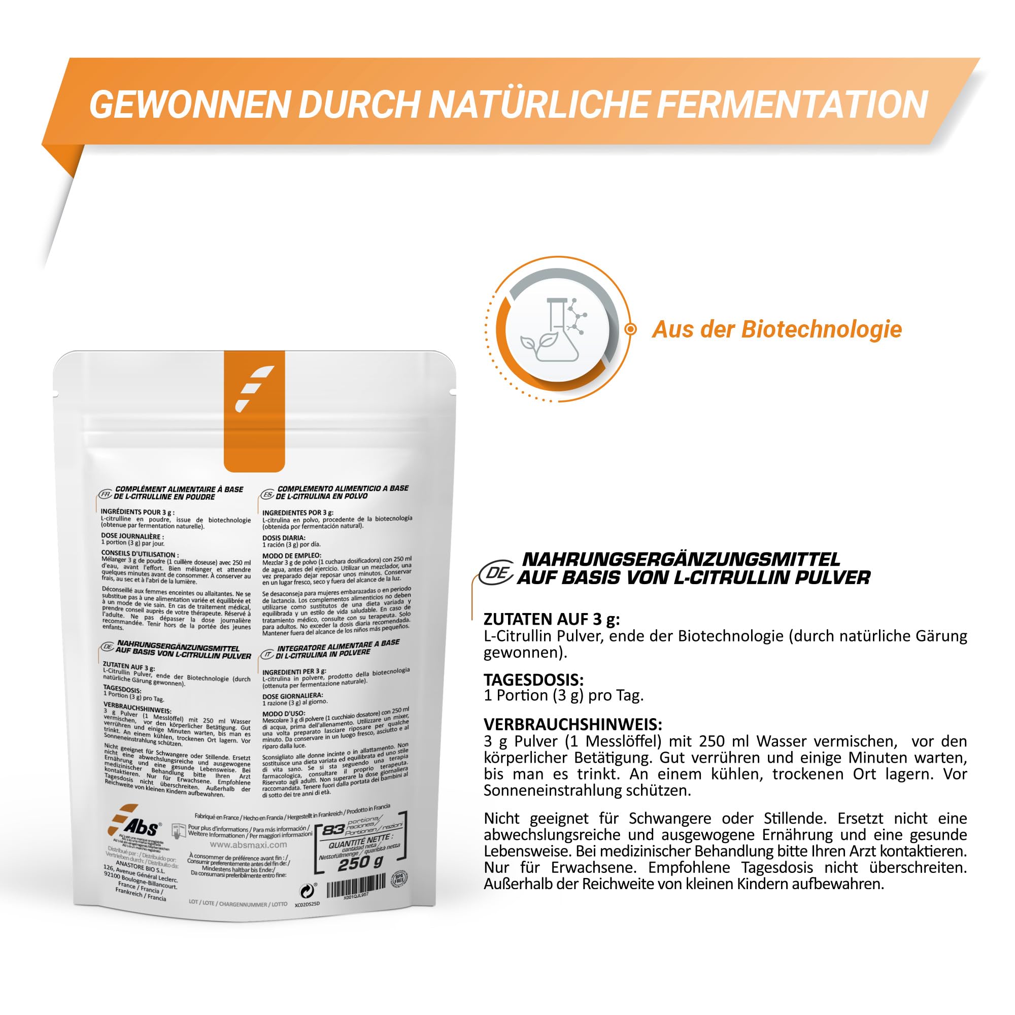 L-CITRULLIN PULVER * 83 Portionen / 250 g * Für Veganer geeignet