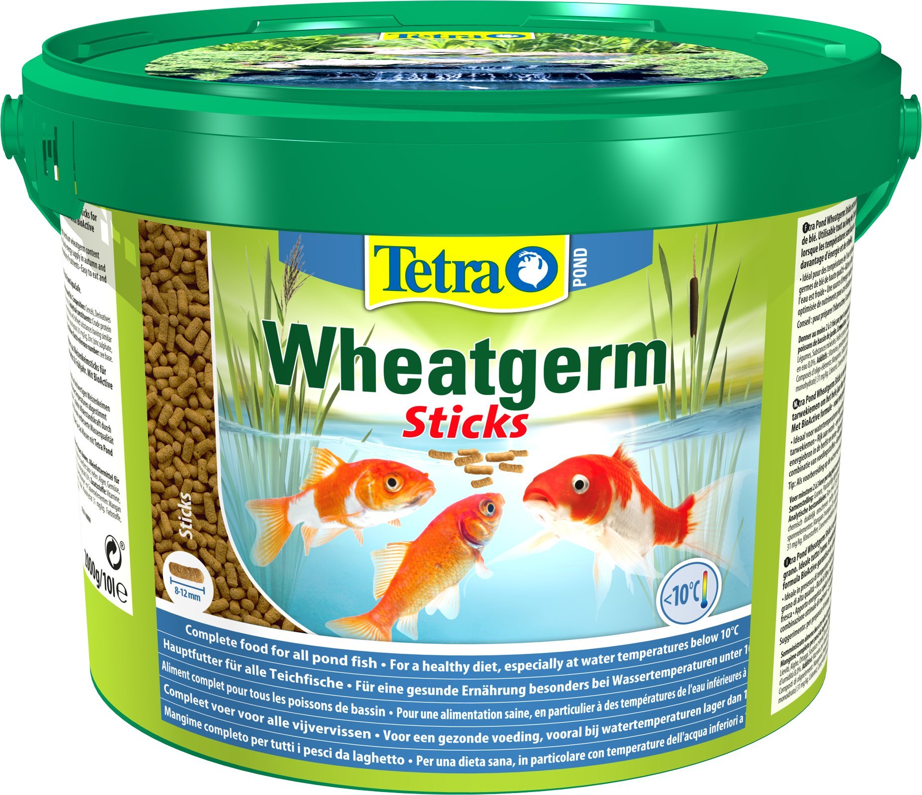 Tetra Pond Wheatgerm Sticks, Alimento rico en fibra para todos los peces de estanque, especialmente adecuado para temperaturas de agua frías (primavera, otoño), cubo de 10 L