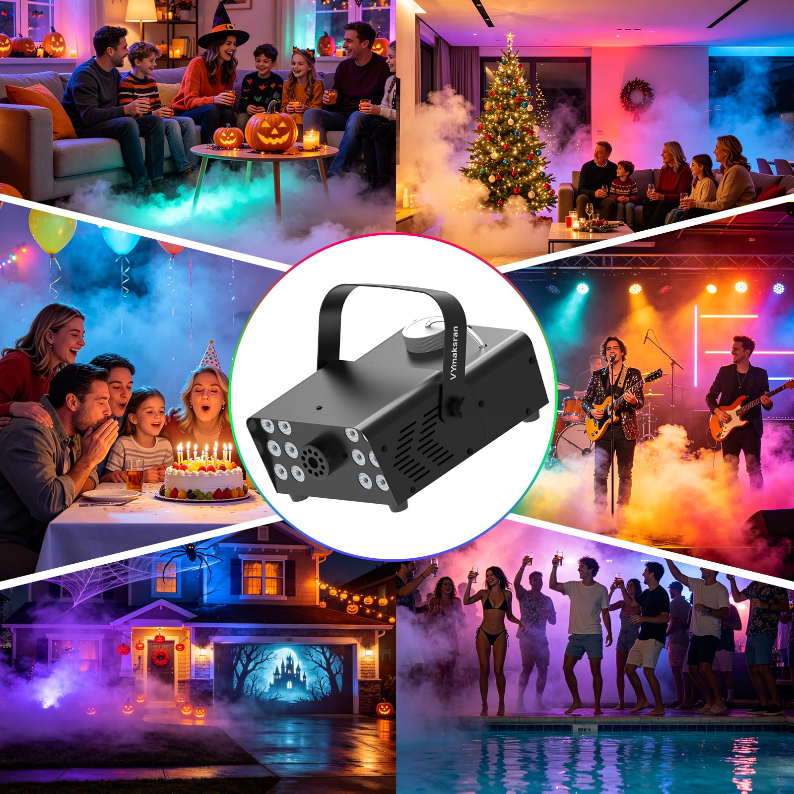 750W Nebelmaschine mit 12 RGB LEDs & kabelloser Fernbedienung, Mini Nebelmaschine mit Auto Modus & Dauernebel, tragbare Fog Machine für Halloween-Deko, Weihnachten, Hochzeit, Disco, DJ & Bühne