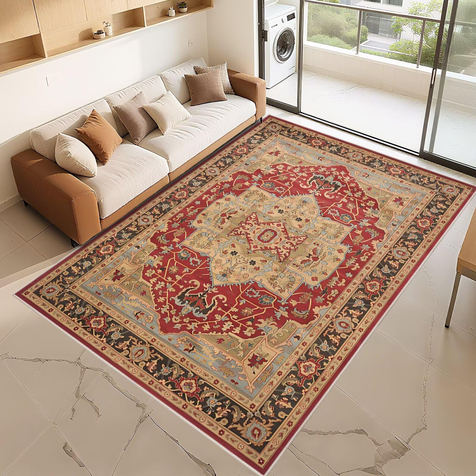 Antirutsch Bettvorleger Teppich Rot 160x220cm, Weich Vintage Blumenmuster für das Wohnzimmer Mädchen Schlafzimmer