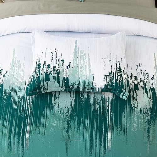 Miniatura 7 de WONGS BEDDING Juego de edredón Queen, color aguamarina, 7 piezas, ropa de cama en una bolsa, colorido arte abstracto degradado, juego de ropa de