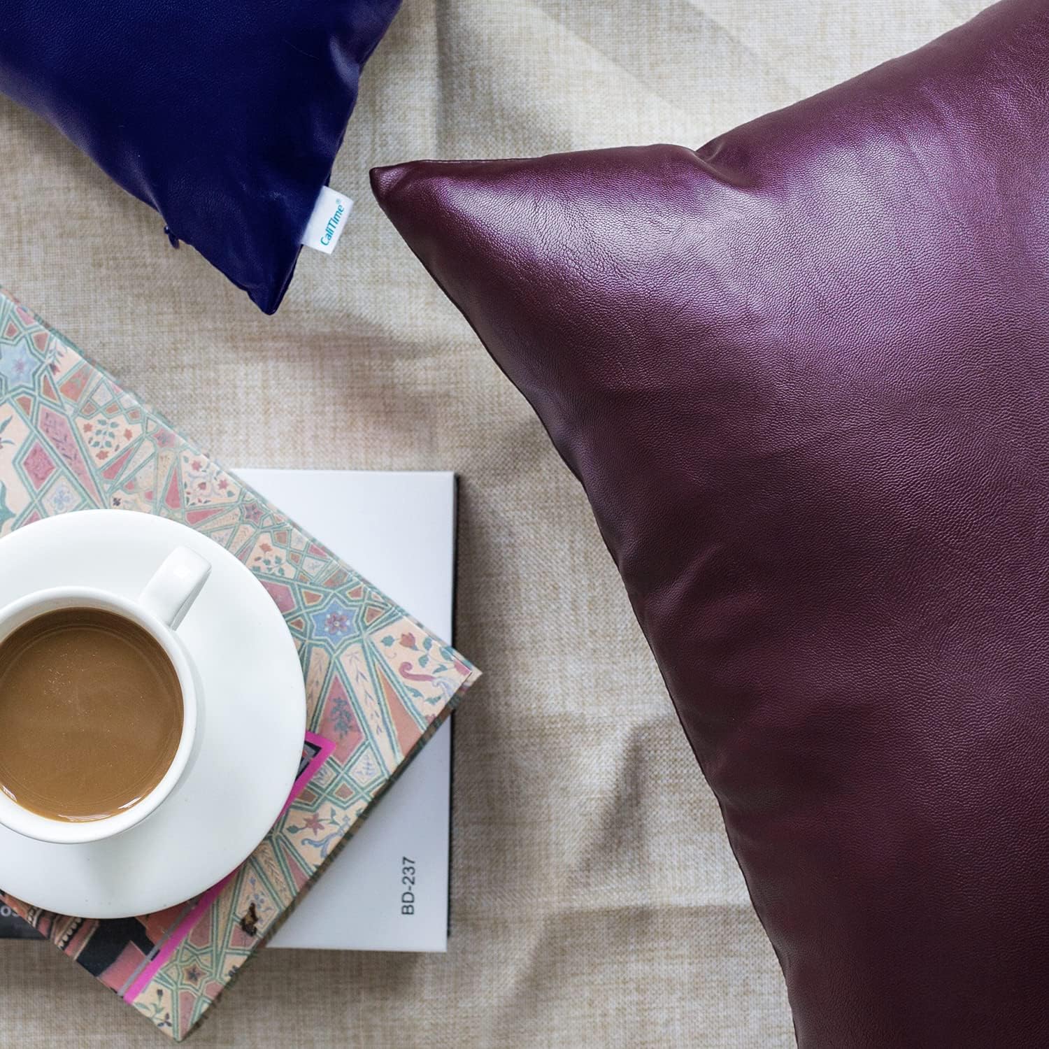 CaliTime Throw Pillow Cases Pack of 2 Modern Solid Dyed Soft Faux Leather Decorative Cushion Covers Shells for Couch Sofa Bedroom 20 X 20 Inches Deep Purple
