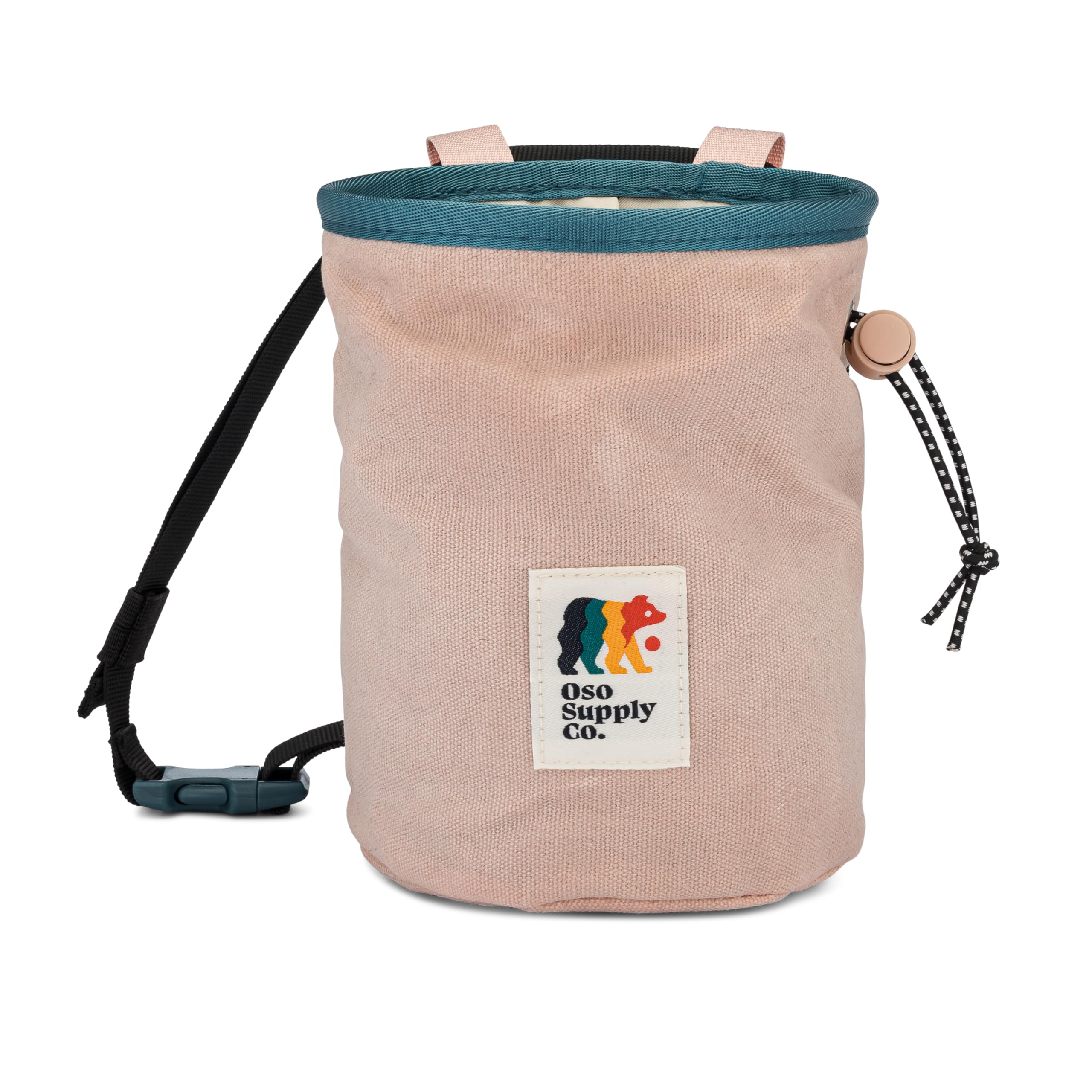 Oso Supply Co - Cascadia Waxed Canvas Chalk Bag - Zipper Pocket & Mesh Pouch for Bouldering, Rock Climbing, Gym, Weightlifting – Water-Resistant, Adjustable Belt, Wide Opening (Pink/Cobalt Blue) — image 1