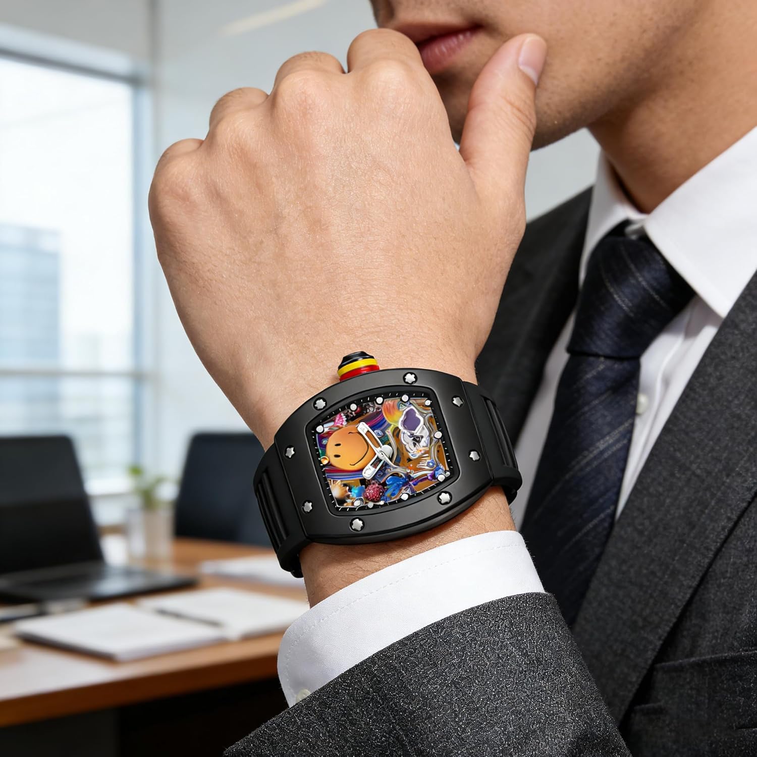 Gosasa Men’s Fashion Colorful Smiley Face Watch – Trendy Creative Big Face Tonneau Men Wristwatch with Silicone Strap, Unique Cool Luminous Design Gift Watch