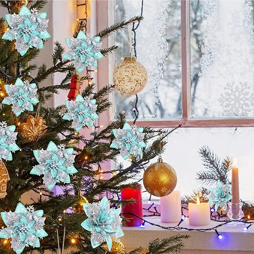 Miniatura 5 de 36 flores de Pascua artificiales con purpurina para Navidad, flores de Pascua artificiales para decoración de árbol de Navidad con clips para