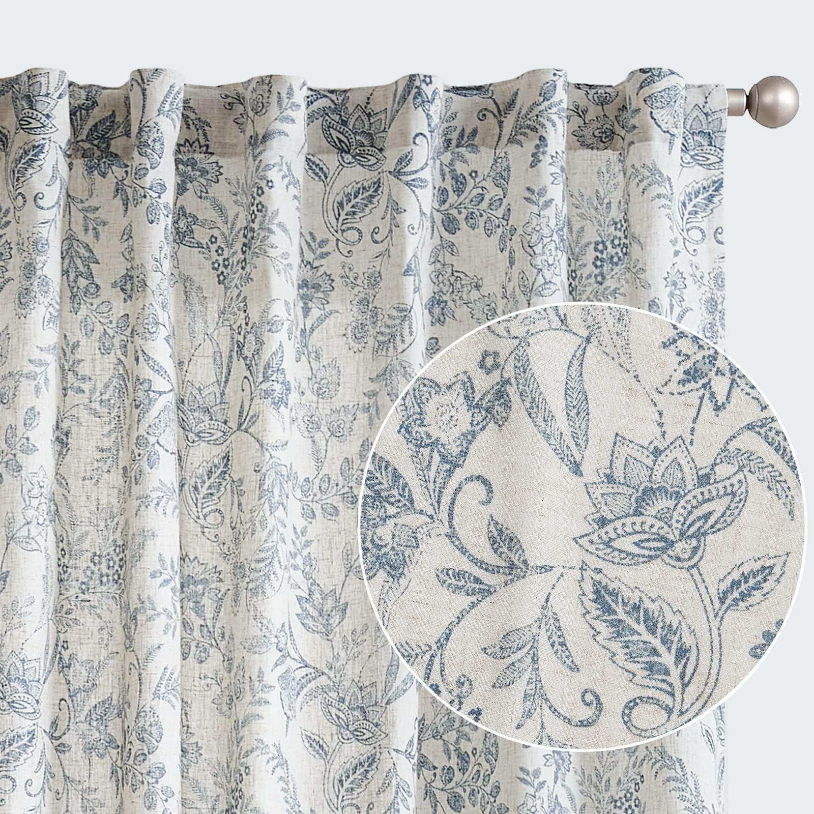jinchan Blue Floral Linen Curtains 84 Inch Cottagecore Back Tab 2 Panels