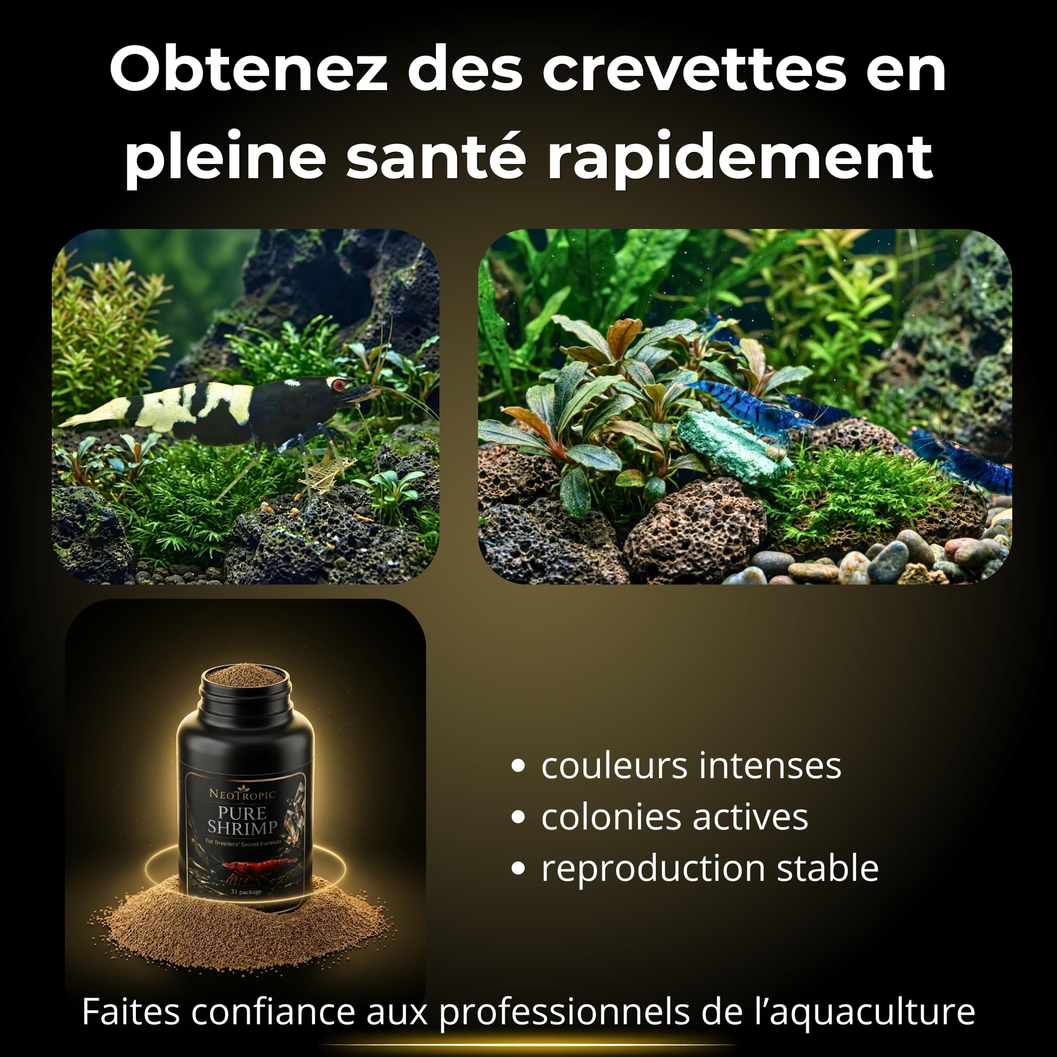 NEOTROPIC Pure Shrimp Pro Formula - Nourriture Crevettes Aquarium - Formule Aquaculture Française - Croissance Reproduction & Couleurs Intenses - Micro-granulés (60g)