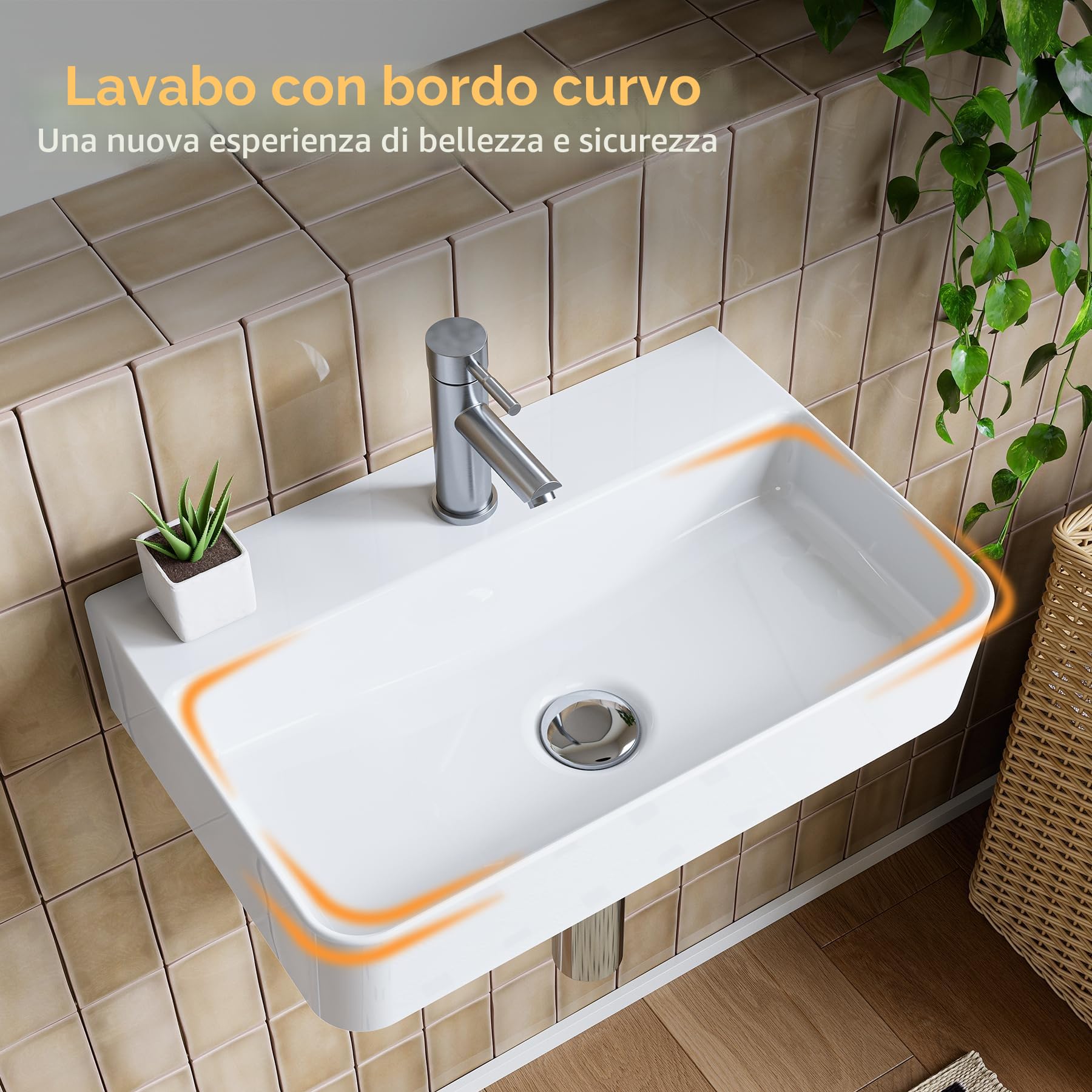 HOROW Lavabo a parete sospeso in ceramica bianco, rettangolare, 46 x 30 cm, lavandino con foro per rubinetto senza troppopieno, piccolo lavandino per ospiti | Lavabo sospeso, rettangolare, con foro per rubinetto senza troppopieno, 46 x 30 cm