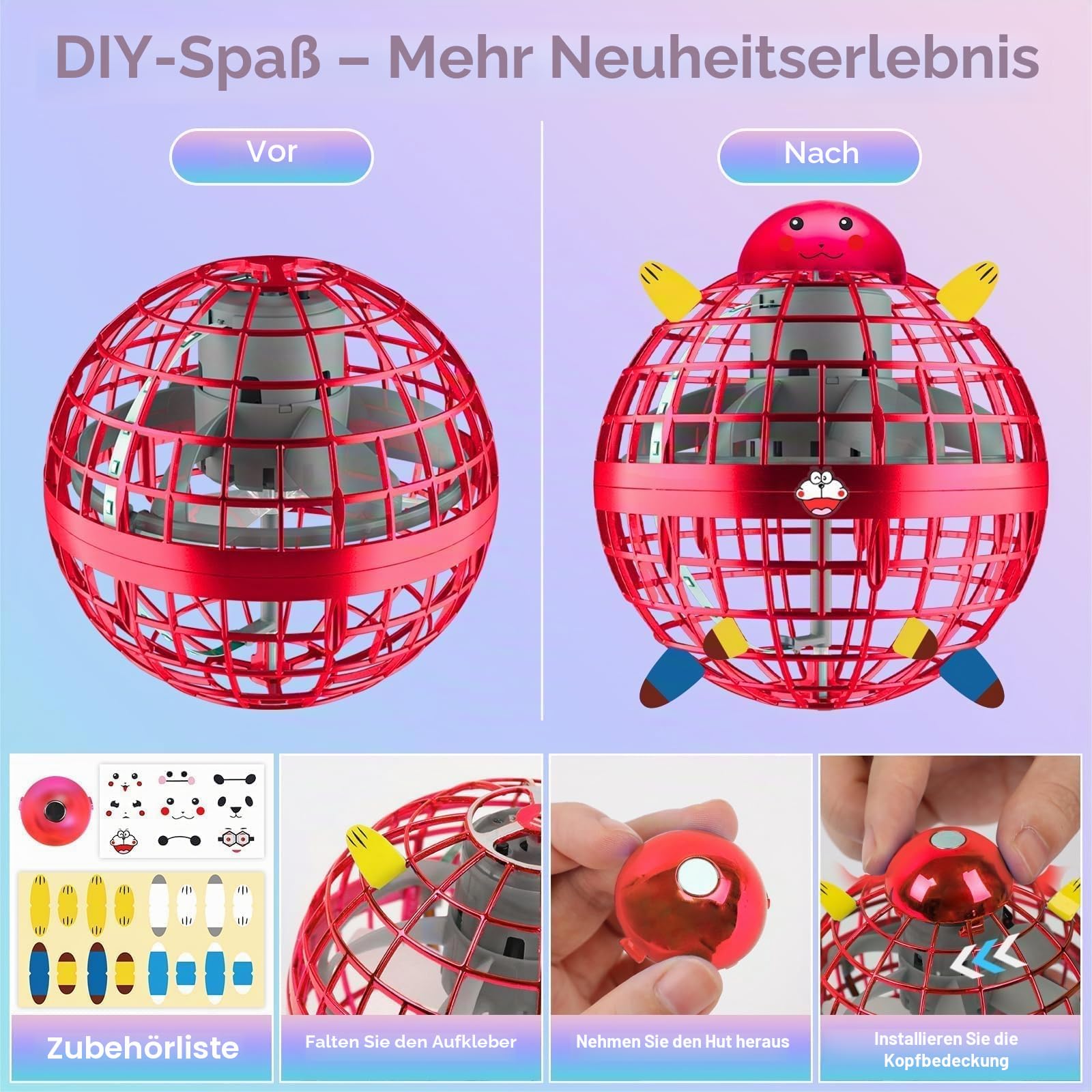Fliegender Ball, Flying Orb Ball Hover Ball Handgesteuertes Bumerang Ball Spielzeug, Fliegender Fidget Spinner Mit Magischen Lichtern, Geschenke für Jungen Mädchen von 6-10 Jahren und älter (Rot)
