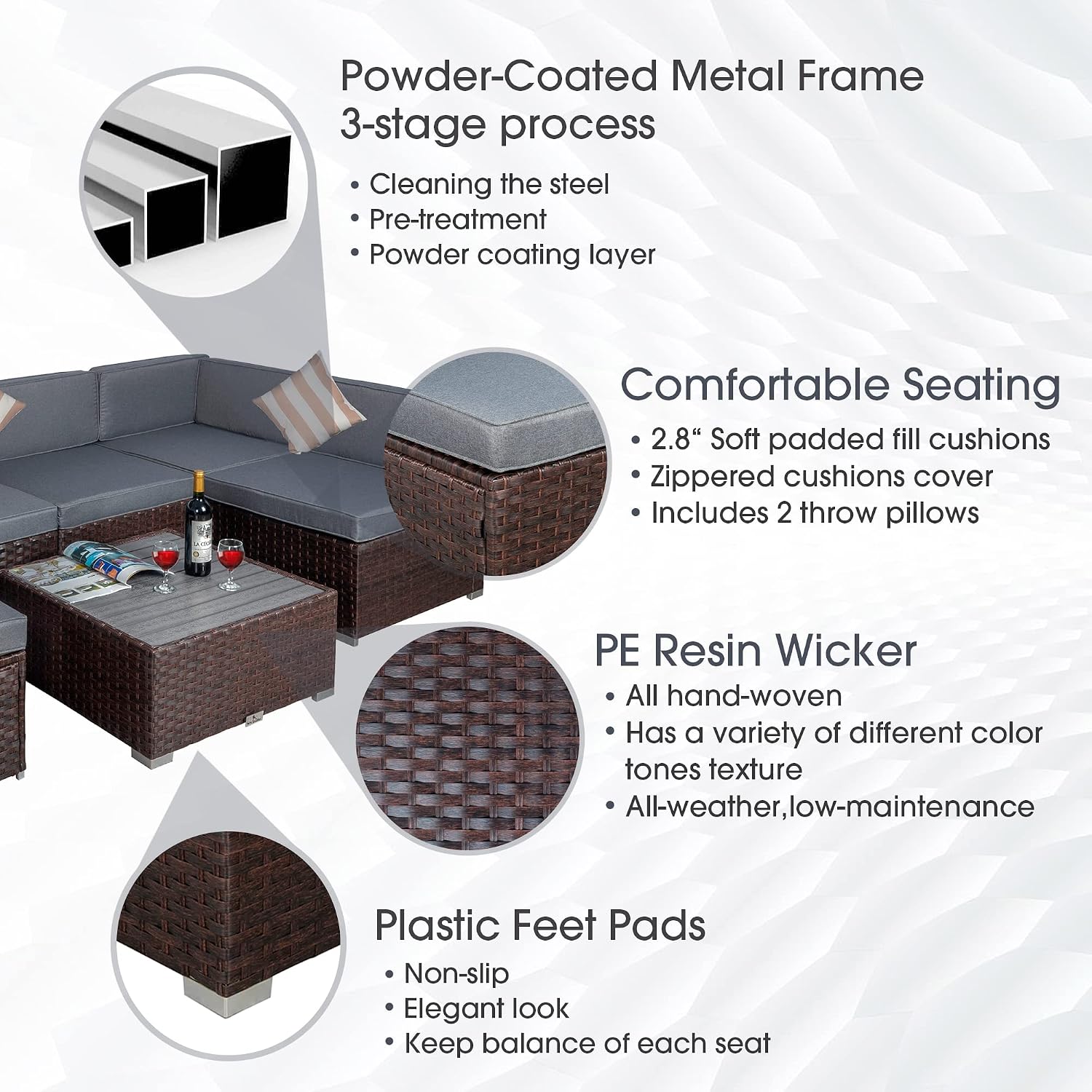 7 Pieces Outdoor Patio Furniture Sets with Cushions, Outdoor PE Rattan Wicker Sectional Conversation Soft Sets with Slat Top Coffee Table, for Garden, Deck, Poolside, Gray