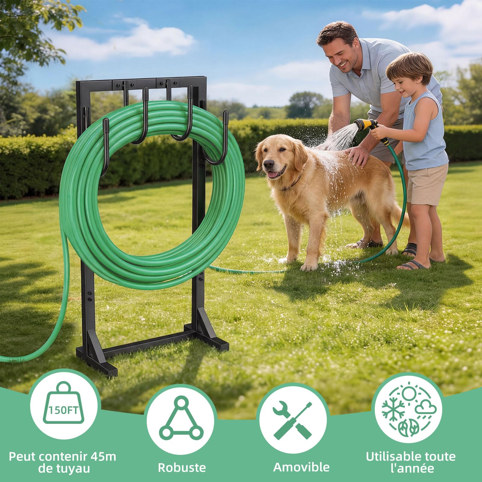 Support pour Tuyau d'arrosage 109,5 cm Enrouleur Métallique 45 mètres 4 Crochets Jardin