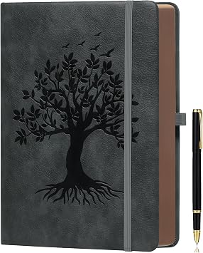 ZXHQ A5 360 Pages Lined Journal Notebooks with Pen, Journals for Women Men Writing Notebook, Tree of Life Design, Fine Inner Pocket - Dark Grey