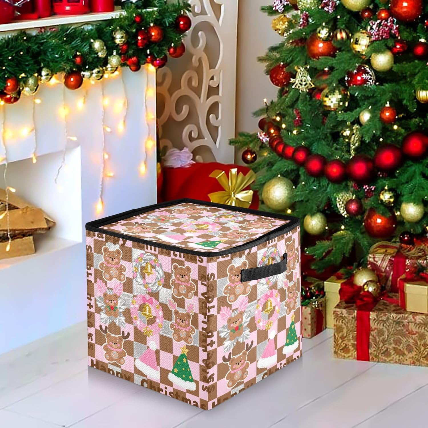 High Capacity Christmas ornament organizer Holds Up to 64, Adjustable Dividers sturdy Holiday Storage Case with Lid,Brown-pink Check Christmas