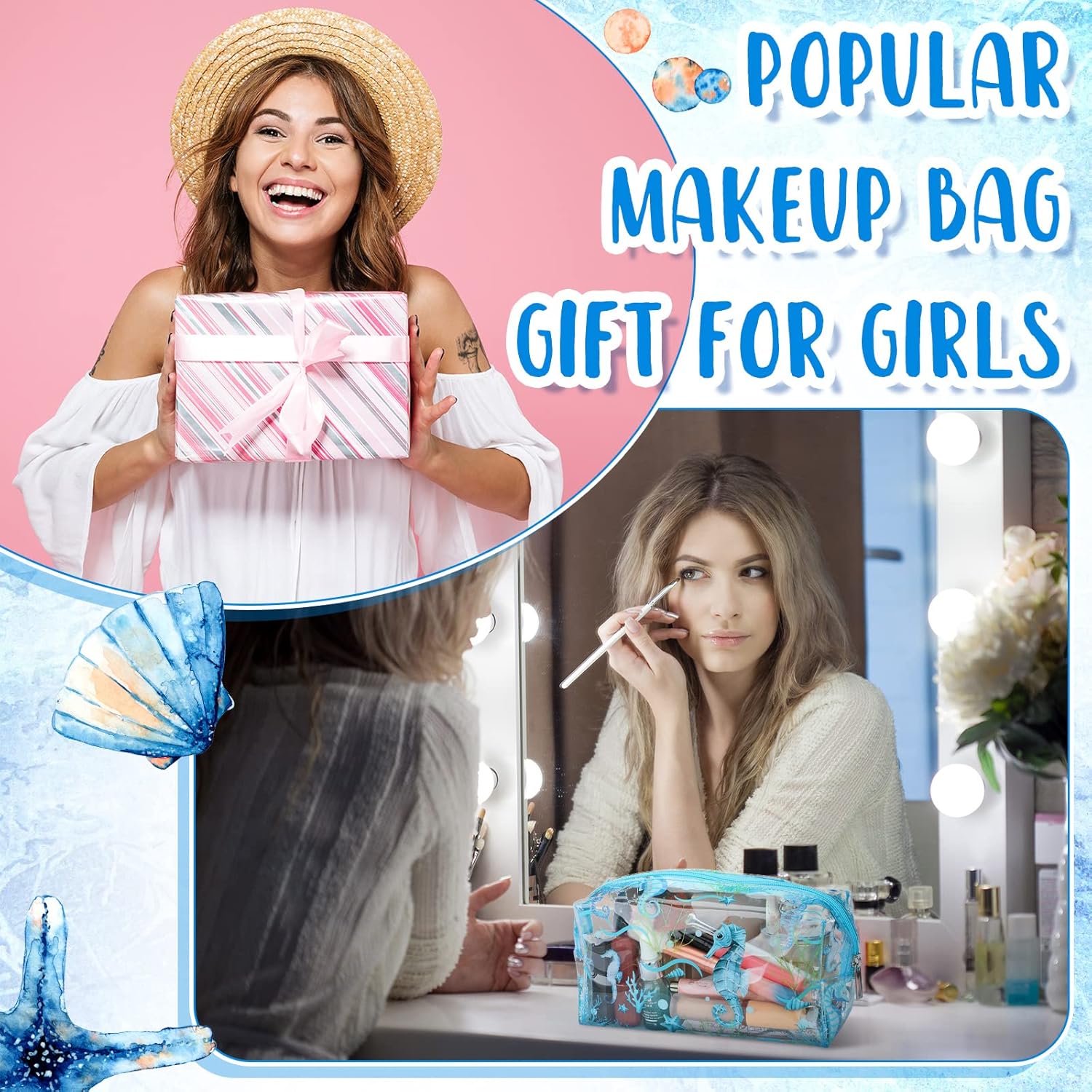Kacctyen 6 Pcs Clear Makeup Bag Waterproof travel Cosmetic Thickened PVC Toiletry Beach Theme with Whale Starfish Turtle Ocean Sea Animals Print Beauty Cosmetic Makeup Bag Gifts