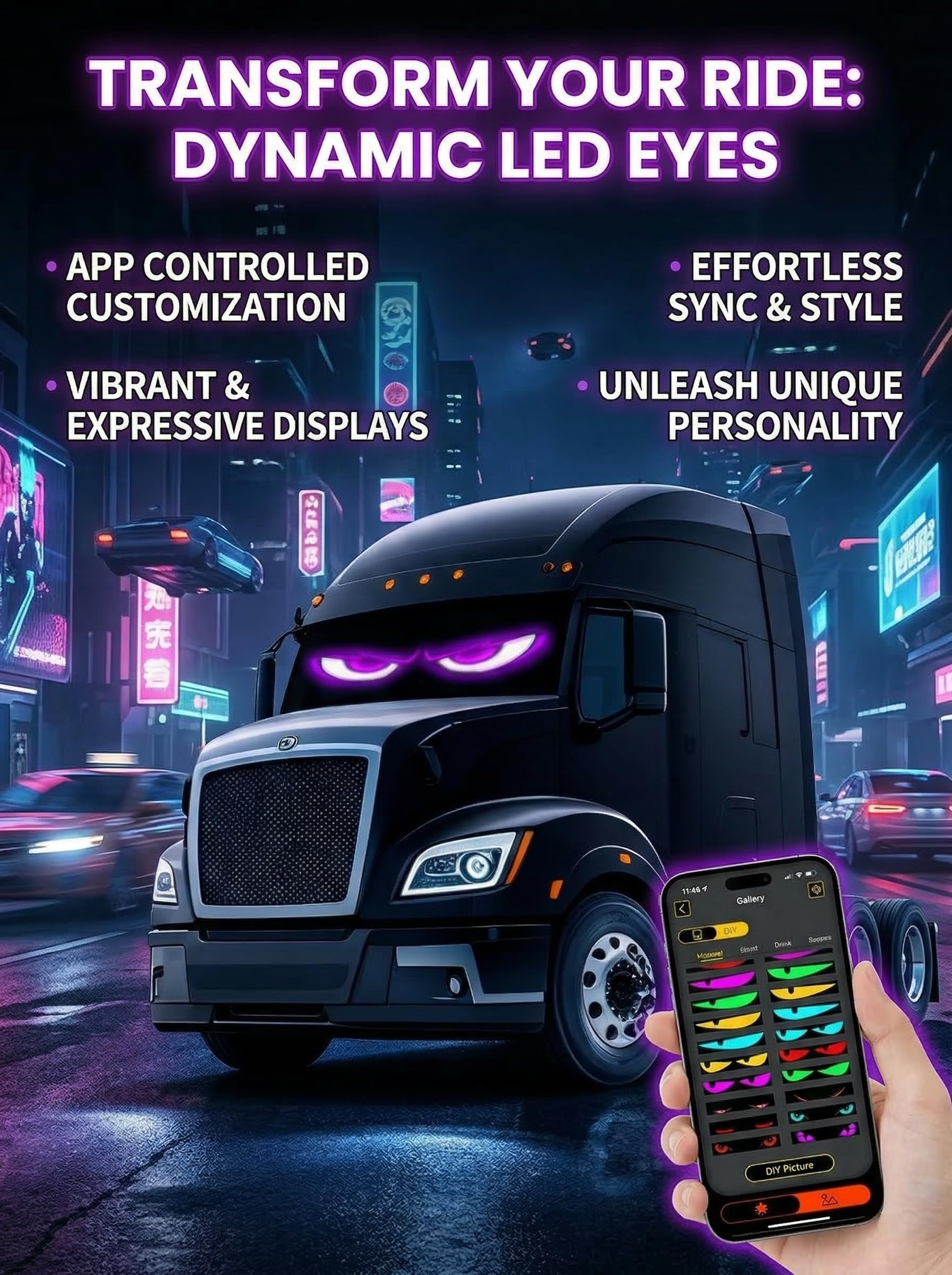 2 unidades de ojos LED para coche y camión, ojos de diablo, parabrisas trasero, impermeables, programables con control por aplicación y mando a distancia, ultrafino, flexible, panel de matriz de