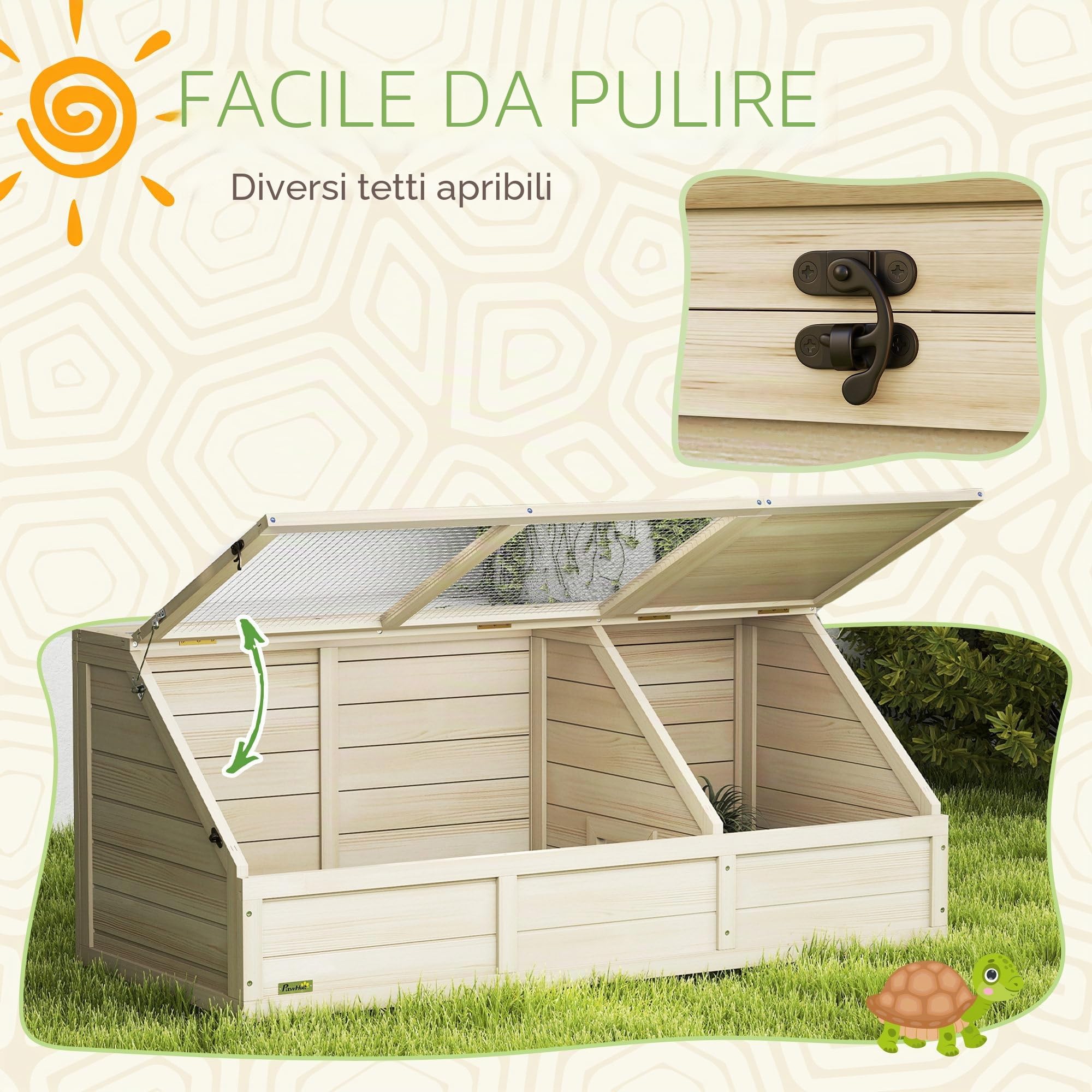 PawHut Casa in Legno per Tartarughe, recinto esterno per piccoli animali con coperchio apribile, fermi e 2 spazi separati, senza fondo, 120 x 55 x 50 cm, legno naturale