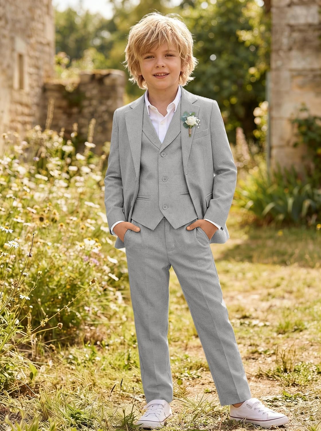 Boys Linen Suits 3 Piece Kids Summer Beach Wedding Suit for Boys Lightweight Tuxedo Linen Boy Ring Bearer Oufit